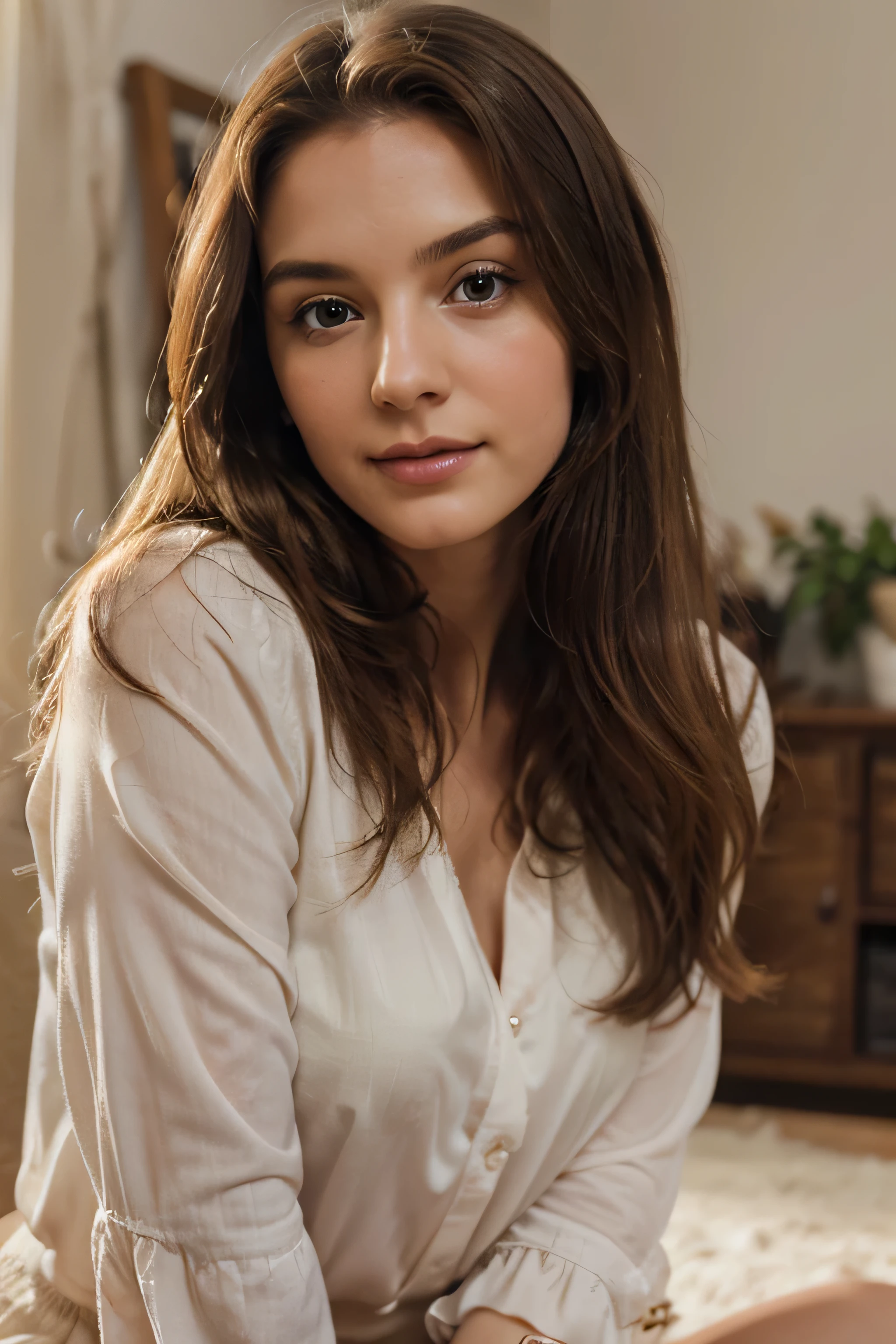 A realistic half-body portrait of a woman, A woman with long wavy brown hair, green eyes, and a gentle smile, wearing a pink blouse with ruffled sleeves, The setting is a bright, minimalist studio with soft natural lighting, The atmosphere is serene and intimate, capturing the woman's warm and approachable demeanor, Photography, A high-resolution DSLR camera with a soft focus lens to enhance the intimate feel,