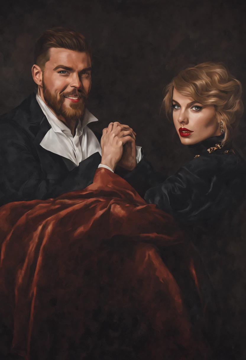 portrait of Travis Kelce and Taylor Swift,portraits,caravaggio style,(best quality,highres:1.2),(realistic:1.37),vivid colors,dark shadows,contrasting light,impeccable facial features,dramatic expressions,precise brushstrokes,fine details,beautifully rendered textures,tactile qualities,rich color palette,masterpiece:1.2