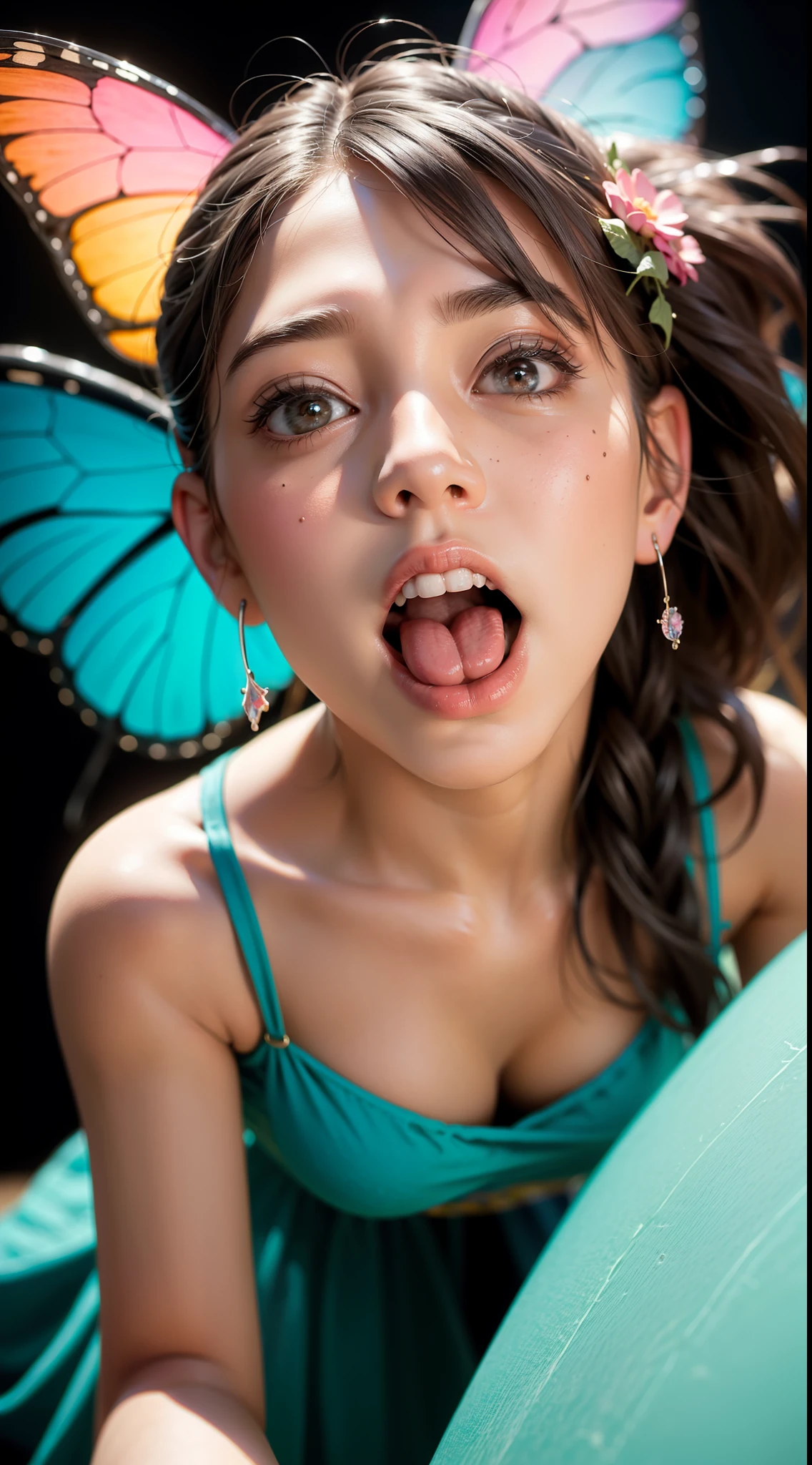 (in 8K，Raw photo，top-quality，超A high resolution，​masterpiece：1.2)，(Photorealsitic：1.37)，Holy Light Butterfly Angel Girl，Butterfly wings，chest shoot tink，In the style of rococo pastel colors，Light white and light red，Incredibly beautiful，SakuraNS，Reflection of sparkling water，combine，flowing，hyper realisitc，painting of a，Atesa Burda，stock photograph，Mixed reality and fantasy elements，Ray traching，Complex pattern，Delicate line art，cleavage, leaning forward, all fours, bent over, from above, pov, hanging breasts, bra