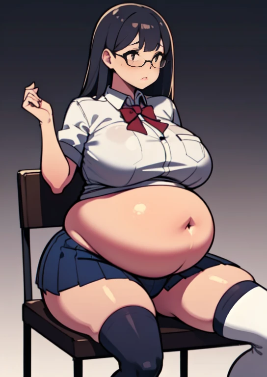 (masterpiece, best quality), 1girls, big belly, blurry background, huge belly, art by kipteitei, round belly, chubby, curvy, white button-up shirt, skirt, thighhighs, simple_background, gradient_background, belly bursting out of shirt, belly grab, enormous belly, fat belly, thicc, bigger belly, sitting on chair, really big belly, jiggly belly, shirt covering belly, belly cover by shirt, glasses