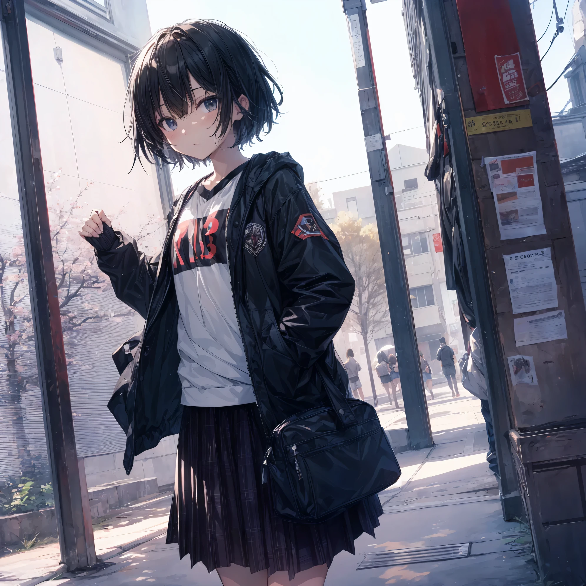 Anime girl in a skirt and jacket standing on a sidewalk - SeaArt AI