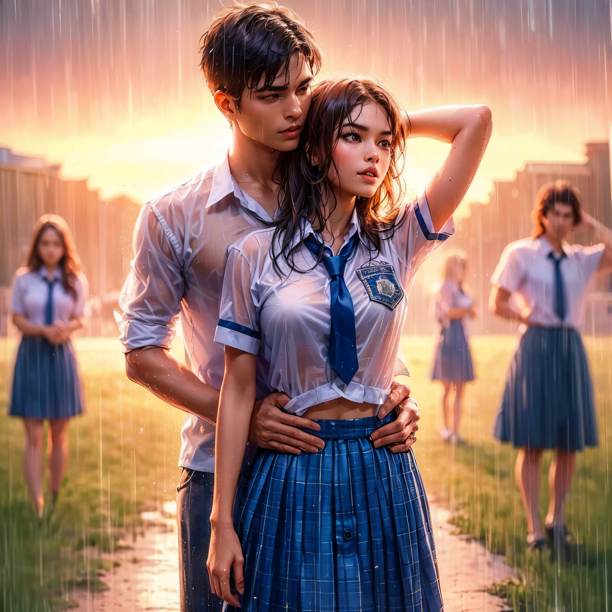 realistic art, there are (woman with large round breast wearing black luxury bra) and her (((handsome muscular short hair masculine alpha male boyfriend))) in a indonesian school uniform hugging in the rain, ((wet messy shirt show black bra under shirt)), wet skirt, pretty girl at school field, raining, thai girl, raining award winning photo, school girl, at evening, wet from rain, rainy wet, beautifull , hand behind head, masterpiece, best quality:1.2),,(8k,highres,RAW photo,realistic,photo-realistic:1.3),(detailed skin texture,detailed cloth texture,beautiful detailed face:1.25),professional lighting,photon mapping,beautiful soft light,radiosity,physically-based rendering,raytracing, model shoot style, model shoot style, (extremely detailed CG unity 8k wallpaper), full shot body photo of the most beautiful artwork in the world, ((nsfw))