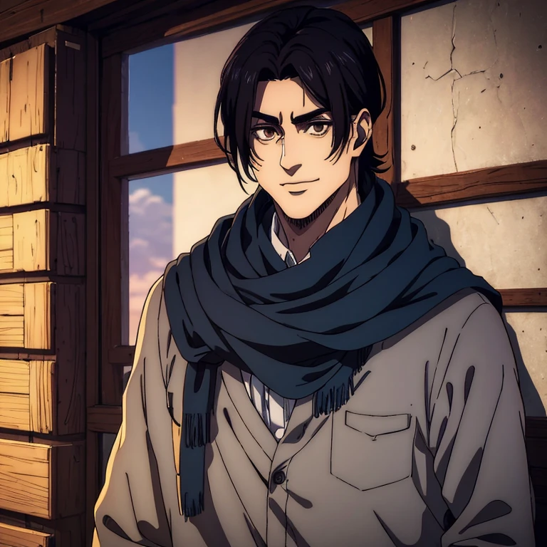 A male character with brown eyes and with black hair in the Mappa art style. He is depicted in a grey, showcasing a sharp jawline.He is also wearing blue shirt. He is wearing dark blue scarf around neck. He is also smiling a little. Behind him a small cabin. The artwork should have the best quality, with ultra-detailed and realistic features. The color palette should be vivid, and the lighting should emphasize the character's facial structure and expression.