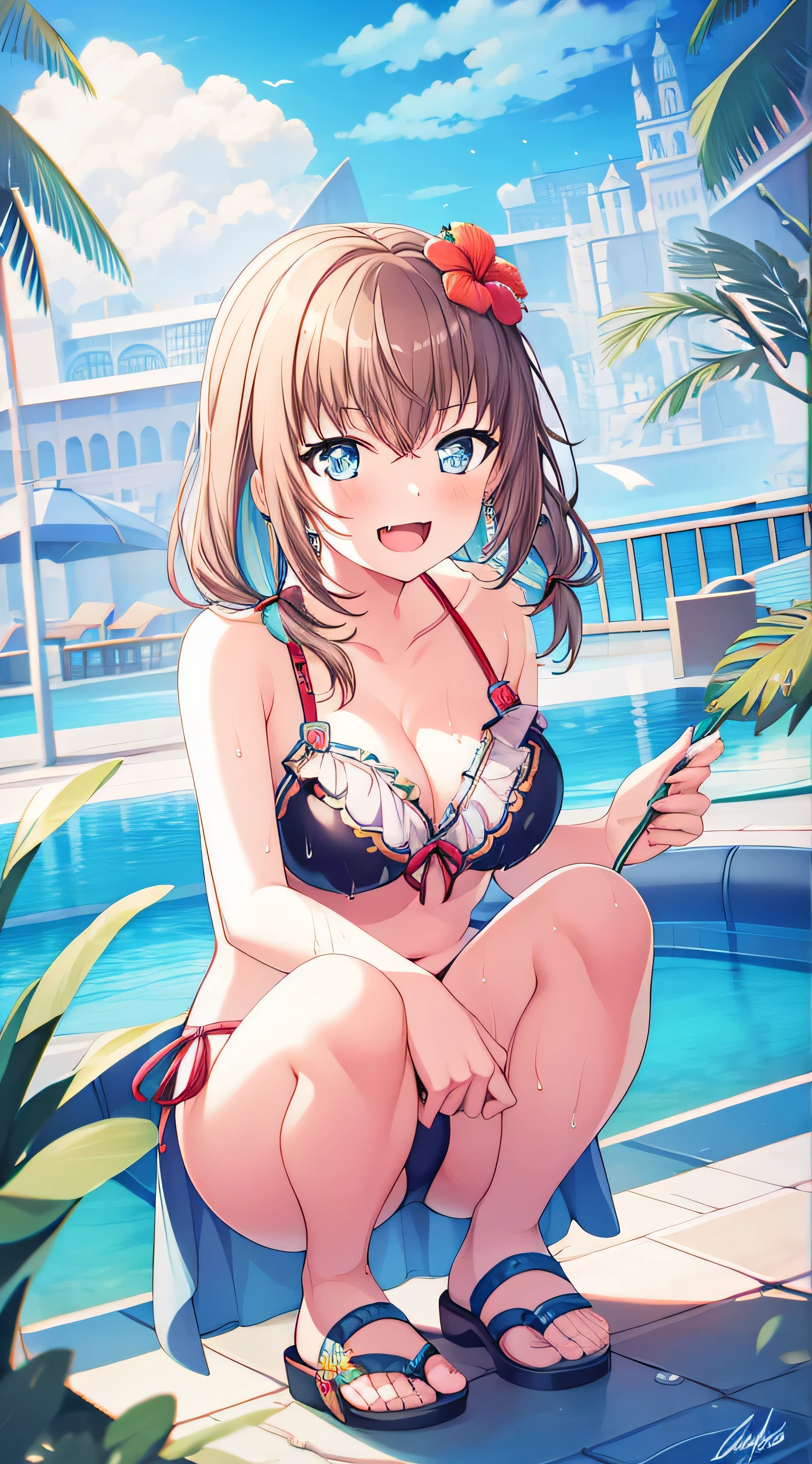 1 girl, nedium breasts, swim wears, Alone, 比基尼, The blonde_the hair, avaeak, daysies, dual horsetail, long_the hair, square, lookingat_Show on the_peeping at the viewer, ssmile, bigger_nedium breasts, florals, daysies空, multicoloRed_the hair, Wet with, transparent pubic hair, the hair_decorations, blue_daysies空, Akwa_The eye, sandals, Be red in the face, the hair_florals, clouds, Hats, :d, the hair_between_The eye, Outdoor activities, squShow on theting, Translucent fluid flowing from the_hereinafter, signShow on theure, Bare bare_bshoulders, wShow on theer, Green_the hair, navel, Chopping, innertube, There are striped ones_the hair, wShow on theer_lowered, By bangs, Renlal, Red_比基尼, hibisco, suns, palla, spread_leges, 鎖骨, ngel, side locks, two-color_the hair, jewely, coveRed_tit,