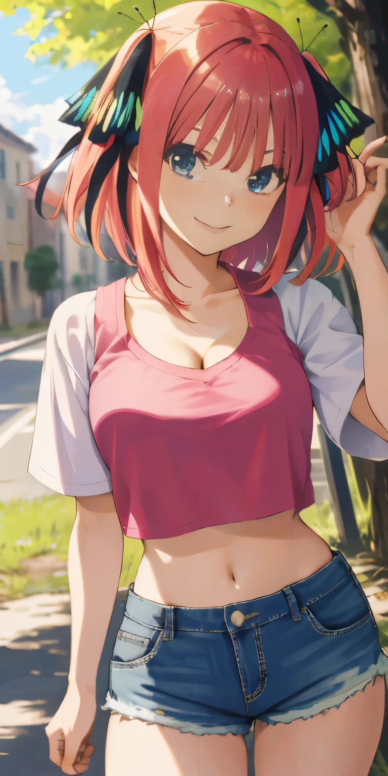 2d, masterpiece, best quality, anime, highly detailed, 1girl, solo, cowboy shot, nakano nino, pink hair, butterfly hair ornament, crop top , cleavage, Denim shorts , medium breasts, standing, school, outdoors, smile