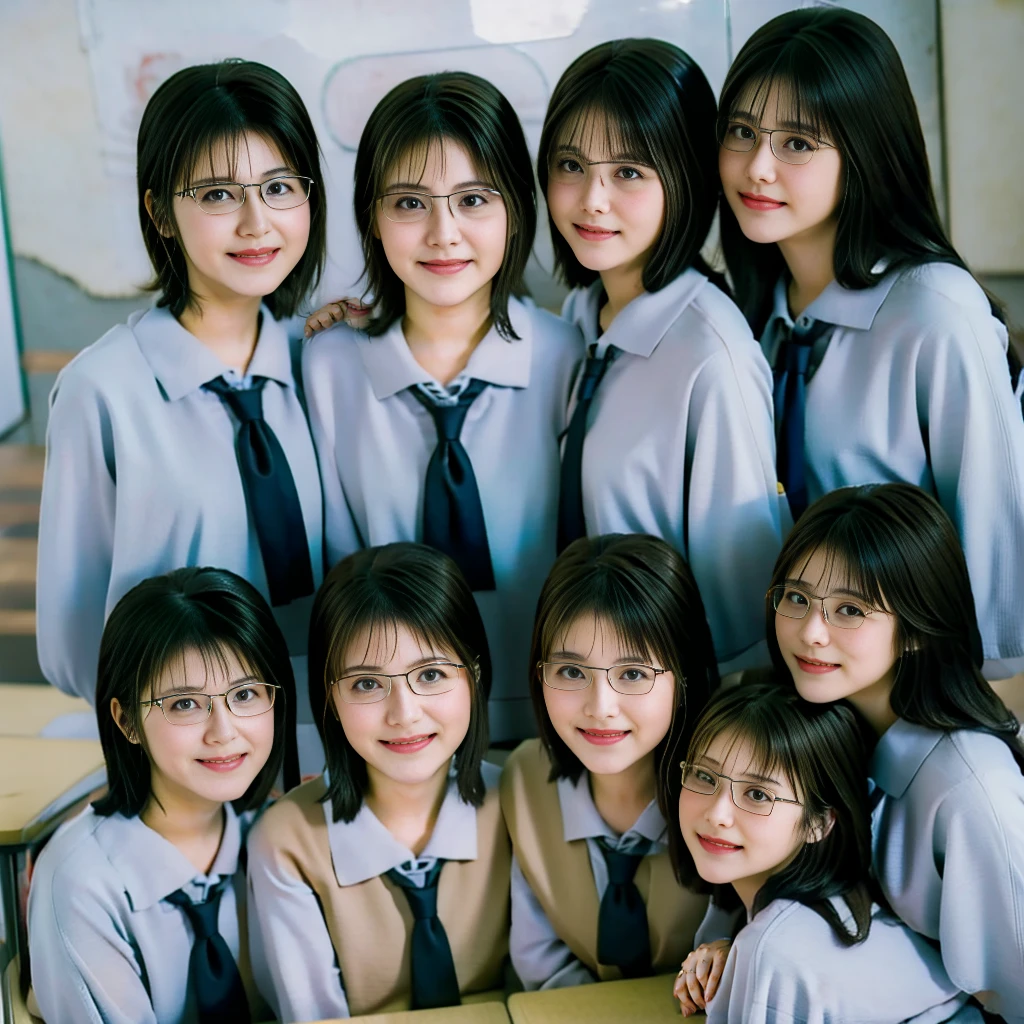 Raw photo、(((multiple girls))),((((6+girls)))),((((100 girls)))),((((1000 girls)))),(((crowd shot))),Women only、((Everyone has the same face))、(((glasses))),((matching school uniform))、************、Long black hair、japanes、100 cute high school girls wearing glasses、a smile、‎Classroom、selfee、same person、High school students