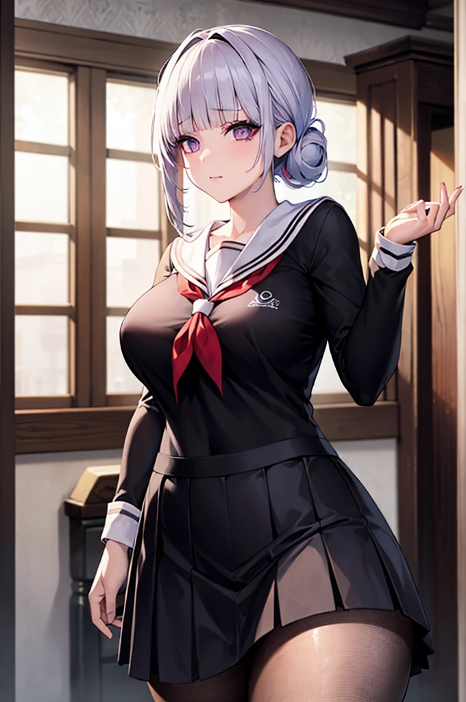 masterpiece, best quality, ultra-detailed, an extremely delicate and beautiful, high resolution, 8k, (1 girl), expressive eyes, perfect face, (droopy eyes:1.2), (sanpaku eyes), (eyeshadow:1.2), (eyelashes:1.2), (purple eyes:1.2), (blunt bangs), (white hair), (chignon:1.2), straight hair, (sailor fuku:1.2), (skirt:1.2), (pantyhose), large breasts:, (curvy), shiny skin,