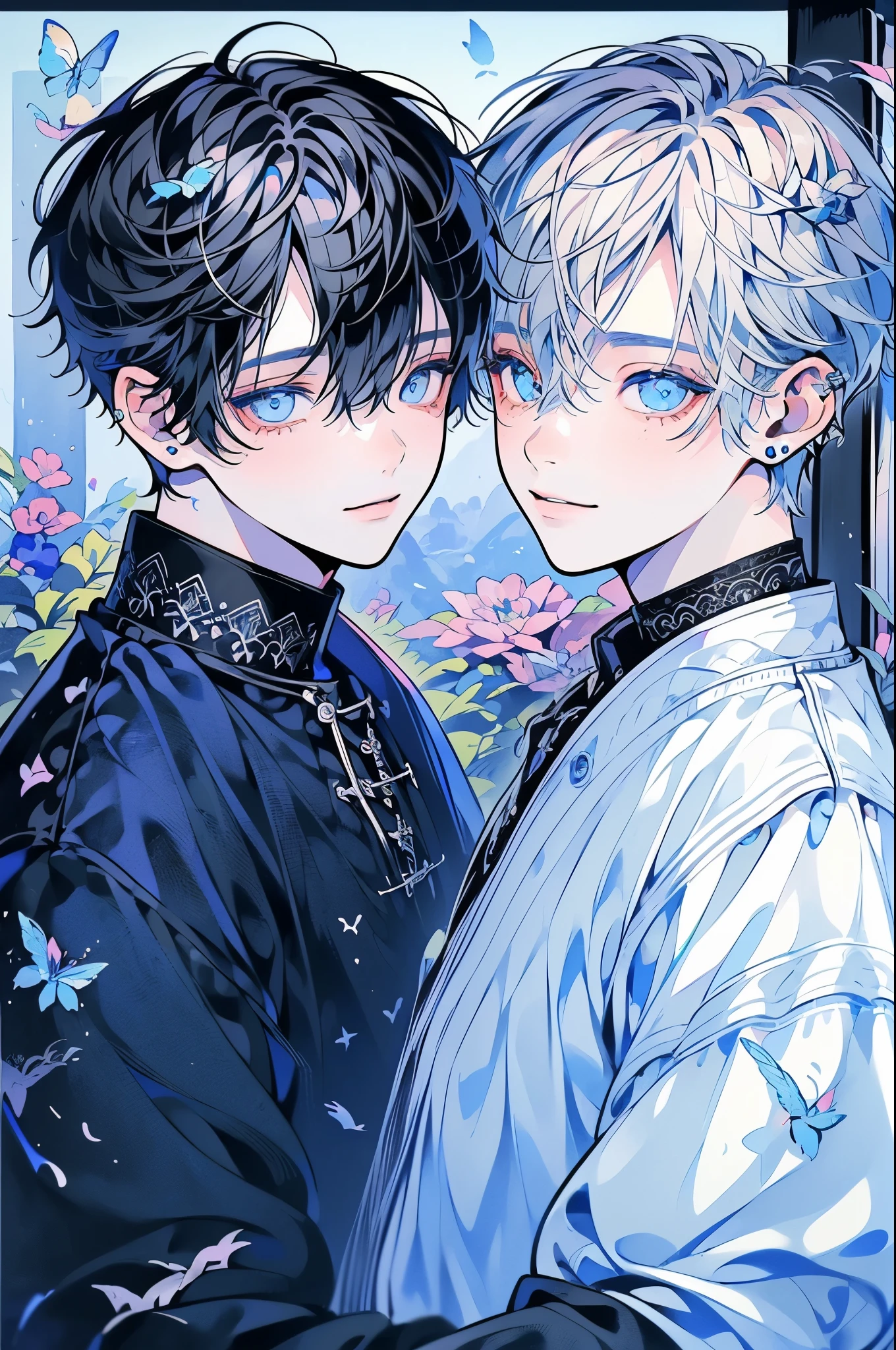 (masutepiece), (Best Quality), Highly detailed, (Two Boys:1.4), focus,Perfect face, Beautiful face, extra detailed face,(blue eyess:1.3),florals,butterflys々,floralsびら,optic,(a smile:1.3),(Black-haired boy:1.4),(White-haired boy:1.4)