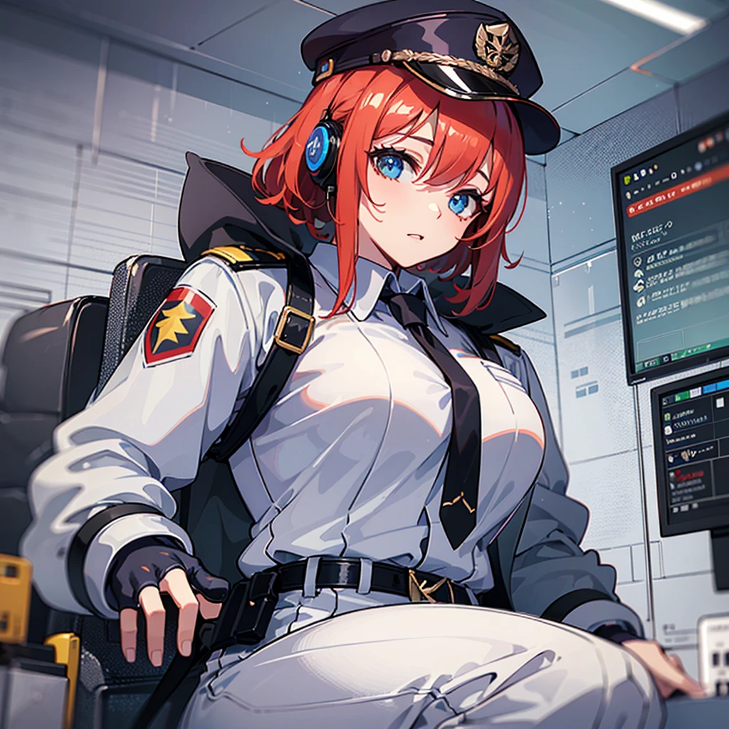 (((masterpiece、Top image quality、top-quality、highly detailed unity 8kwall-paper)))、(Illustration of one woman)、30-years old、(Viceroy)、((Red-haired shorthair))、(Thin hair hanging down both sides of the face)、Blue eyes、((Tall))、((Muscle Woman、stocky build、muscular legs、broad shoulders、solid chest))、((Military uniforms))、((Military Cap))、((Military coat))、(white clothes)、(White pants)、(White cap)、trench coat、long boots、(((Inside a futuristic spaceship、The Universe on the Monitor)))