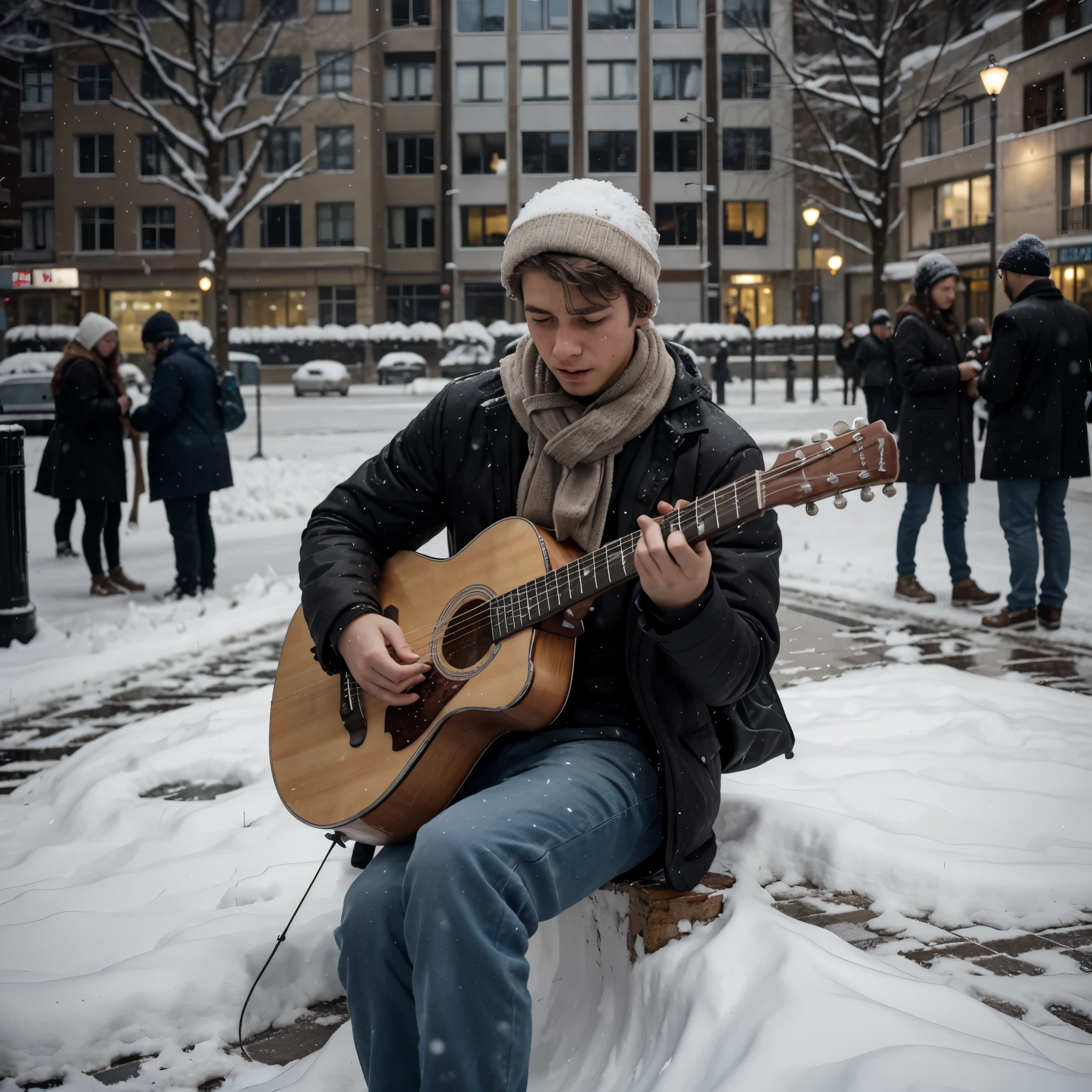 young hendsome european boy, street musician, playig guitar on the street, 20 years old, winter time, many people listening his playing, he is very sad and crying, it is snowing over his head and body