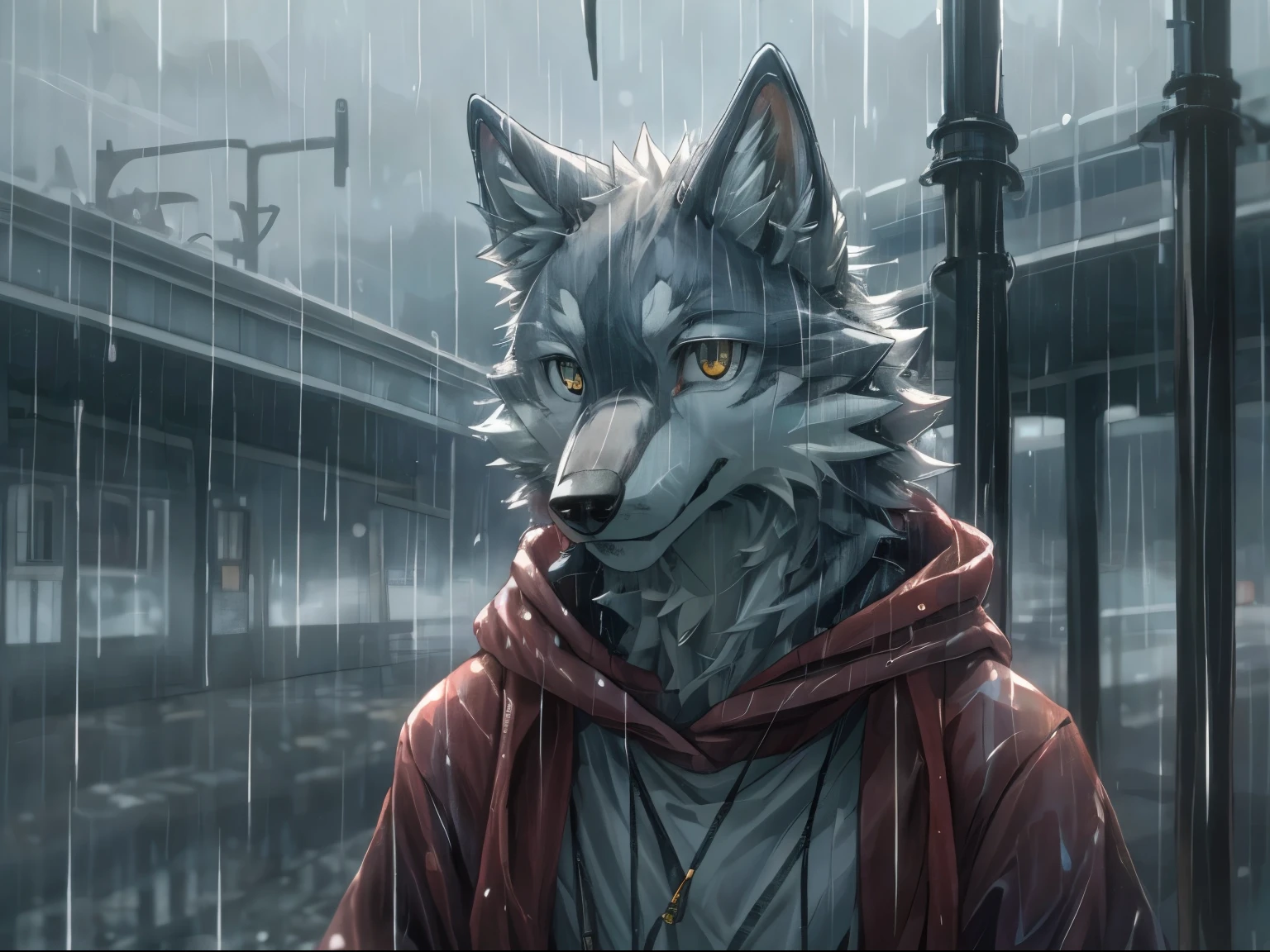 masterpiece, best quality, perfect anatomy,nj5furry,kemono,
solo,male,anthro,wolf,baggy clothing, gentle, 
bright eyes, detailed eyes, looking at viewer, 
train station, waterdrop, grey sky, raining, fog,