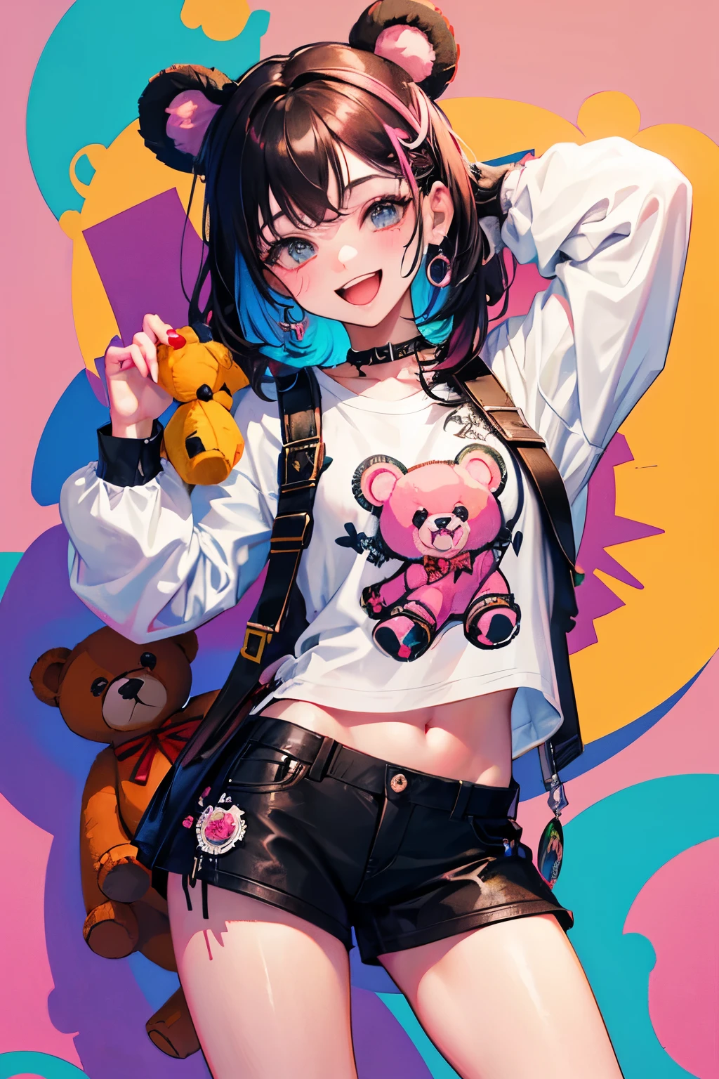(illustratio:1.3)Teddy bear with girl smiling with open mouth,Painted with multicolored inks,Punk style,Innocent Teddy Bear,Radiant,Delicate,high-level image quality,Honey is dripping