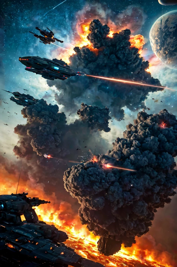 a combat spacecraft(closed up), fantasy scenery, There is a war in a futuristic city with an ocean, The city is being bombarded with shells and engulfed in flames, There is an alien planet in the sky and combat spacecrafts are flying around ,
32k UHD high resolution, highres, professional photography, intricate details, masterpiece, perfect anatomy, cinematic angle, Realistic photo, cinematic lighting, cinematic view, wide shot