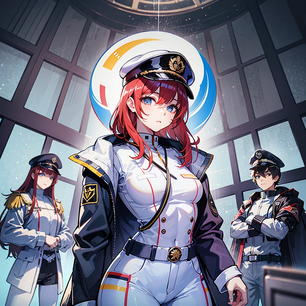 (((masterpiece、Top image quality、top-quality、highly detailed unity 8kwall-paper)))、(Illustration of one woman)、30-years old、(Viceroy)、((Red-haired shorthair))、(Thin hair hanging down both sides of the face)、Blue eyes、((Tall))、((Muscle Woman、stocky build、muscular legs、broad shoulders、solid chest))、((Military uniforms))、((Military Cap))、((Military coat))、(white clothes)、(White pants)、(White cap)、trench coat、long boots、(((Inside a futuristic spaceship、The Universe on the Monitor)))