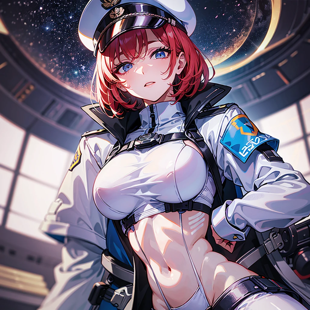 (((masterpiece、Top image quality、top-quality、highly detailed unity 8kwall-paper)))、(Illustration of one woman)、30-years old、(Viceroy)、((Red-haired shorthair))、(Thin hair hanging down both sides of the face)、Blue eyes、((Tall))、((Muscle Woman、stocky build、muscular legs、broad shoulders、solid chest))、((Military uniforms))、((Military Cap))、((Military coat))、(white clothes)、(White pants)、(White cap)、trench coat、long boots、(((Inside a futuristic spaceship、The Universe on the Monitor)))