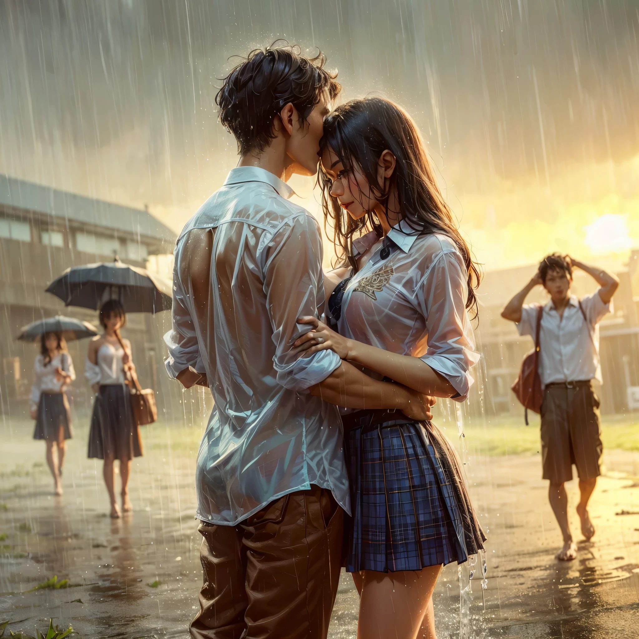 realistic art, there are (woman with large round breast wearing black luxury bra) and her (((handsome muscular short hair masculine alpha male boyfriend))) in a indonesian school uniform hugging in the rain, ((wet messy shirt show black bra under shirt)), wet skirt, pretty girl at school field, raining, thai girl, raining award winning photo, school girl, at evening, wet from rain, rainy wet, beautifull , hand behind head, masterpiece, best quality:1.2),,(8k,highres,RAW photo,realistic,photo-realistic:1.3),(detailed skin texture,detailed cloth texture,beautiful detailed face:1.25),professional lighting,photon mapping,beautiful soft light,radiosity,physically-based rendering,raytracing, model shoot style, model shoot style, (extremely detailed CG unity 8k wallpaper), full shot body photo of the most beautiful artwork in the world, ((nsfw))
