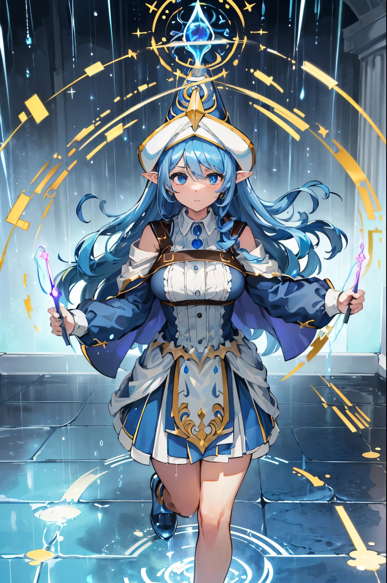 (8k, best quality, tmasterpiece:1.2),\(eye detailed\),\(Facial features\),(\(Clothes detail details\)\),(1 girl:1.3),(solo),full body,(/sky blue hair:1.3/),(bright bule eyes:1.2),Water Enchantress of the Temple,Elf,pointed ear,priest.(Large breasts:1.2),slim waist,[round ass],hat,shiny skin,holding the holy magic wand.(the blue color magic circle on the floor:1.3)+(european catholic temple:1.2),(Marble load-bearing column:1.3)+(Marble floor:1.2),(/flying particle effect:1.35/),(Gravity upward:1.2)+(shiny rain swim upstream:1.4)