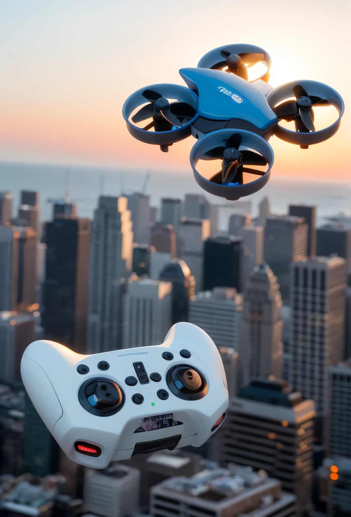 无人机的背景是Very blue sky,The background of the remote control is city buildings,Very blue sky,Clear and prominent drone,the sky is pure,Drones remain unchanged,The remote control remains the same