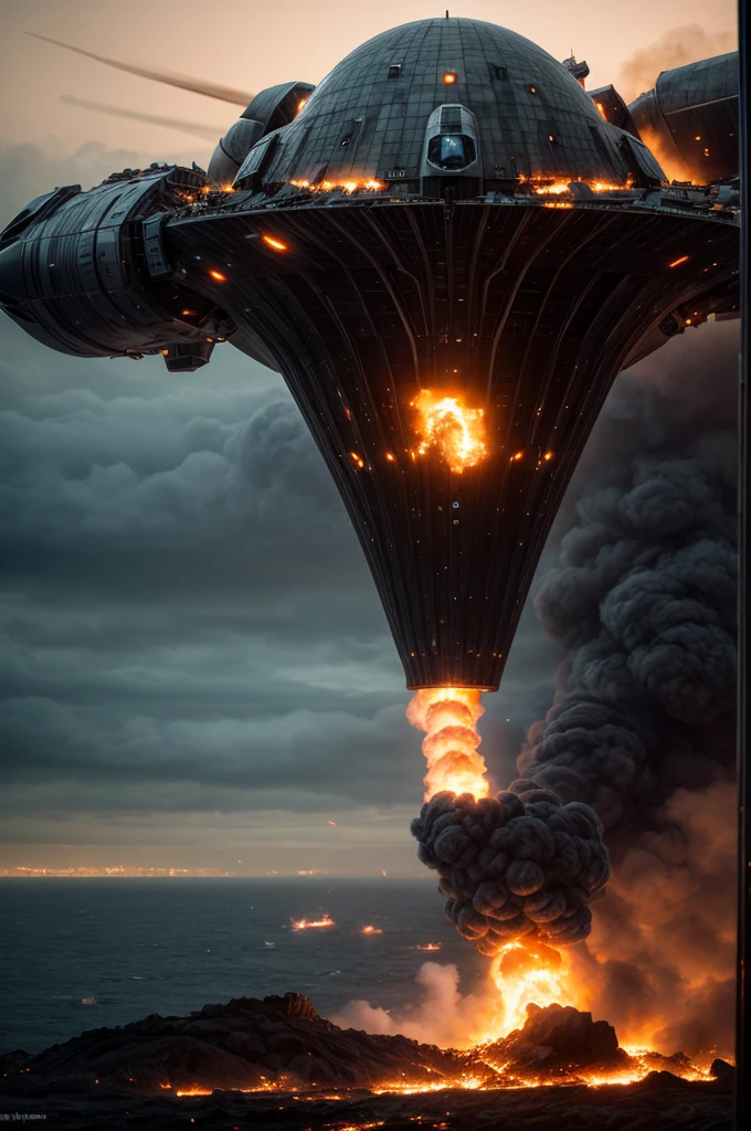 a combat spacecraft(closed up), fantasy scenery, There is a war in a futuristic city with an ocean, The city is being bombarded with shells and engulfed in flames, There is an alien planet in the sky and combat spacecrafts are flying around ,
32k UHD high resolution, highres, professional photography, intricate details, masterpiece, perfect anatomy, cinematic angle, Realistic photo, cinematic lighting, cinematic view, wide shot