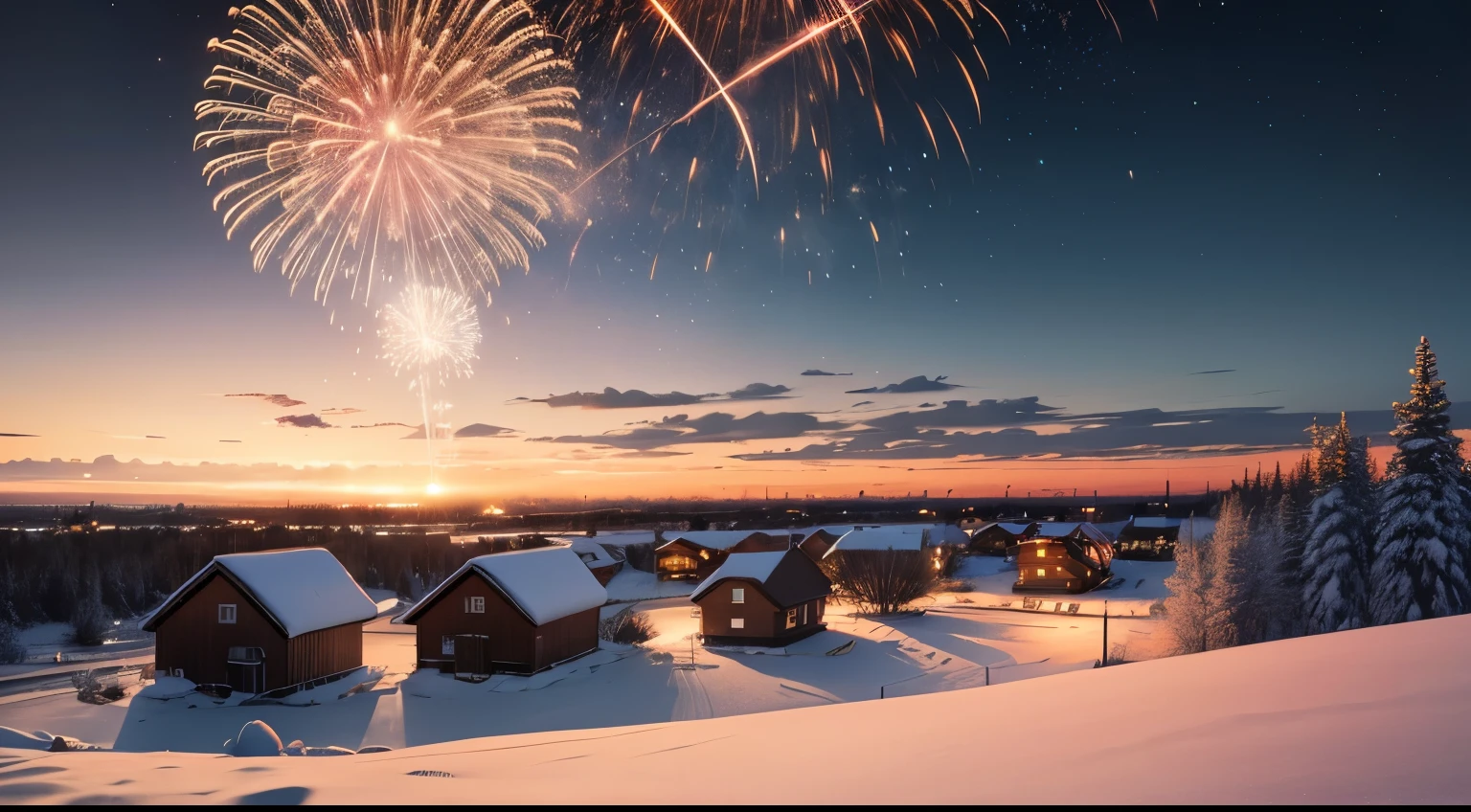 snow field, houses in the distance, fireworks in the sky, night