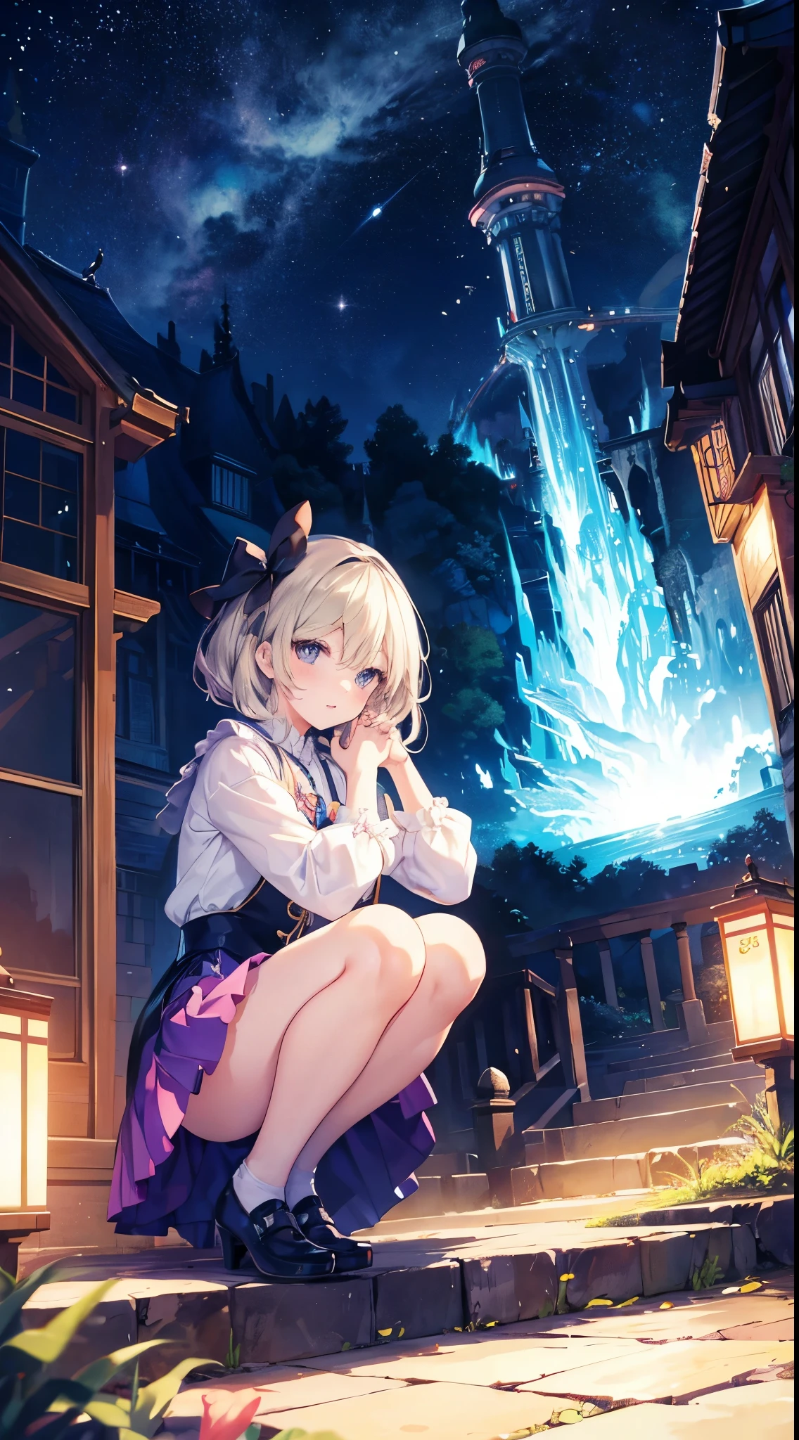 (Best Quality:1.3)、1girl in、Fantasia、a miniskirt、Crouching、Cinderella、Cute anime illustration、