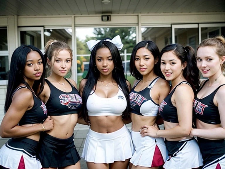 large Group photo .  multiple girls . Large cheerleader team. several Caucasian women. Natural light blonde hair. Ginger hair.blue eyes. Green eyes.very white skin. beautiful. cute. Age ranges from  to 28 years old .no tattoo. armpits showing. sweat drippings. several black women. ebony women. very dark skin. hair straightening  .tall. long legs. open eyes .Braid . Pigtail .ponytail . Bob cut. Straight long hair . Big breasts. Small breasts. Muscular. Cracked abs.chubby. hair ribbon . looking at viewer.smile .cheerleader costume: Sleeveless, belly button exposed, miniskirt .line up in two rows. facing forward. schoolyard. worst quality,ugly,bad anatomy,jpeg artifacts .not curly hair