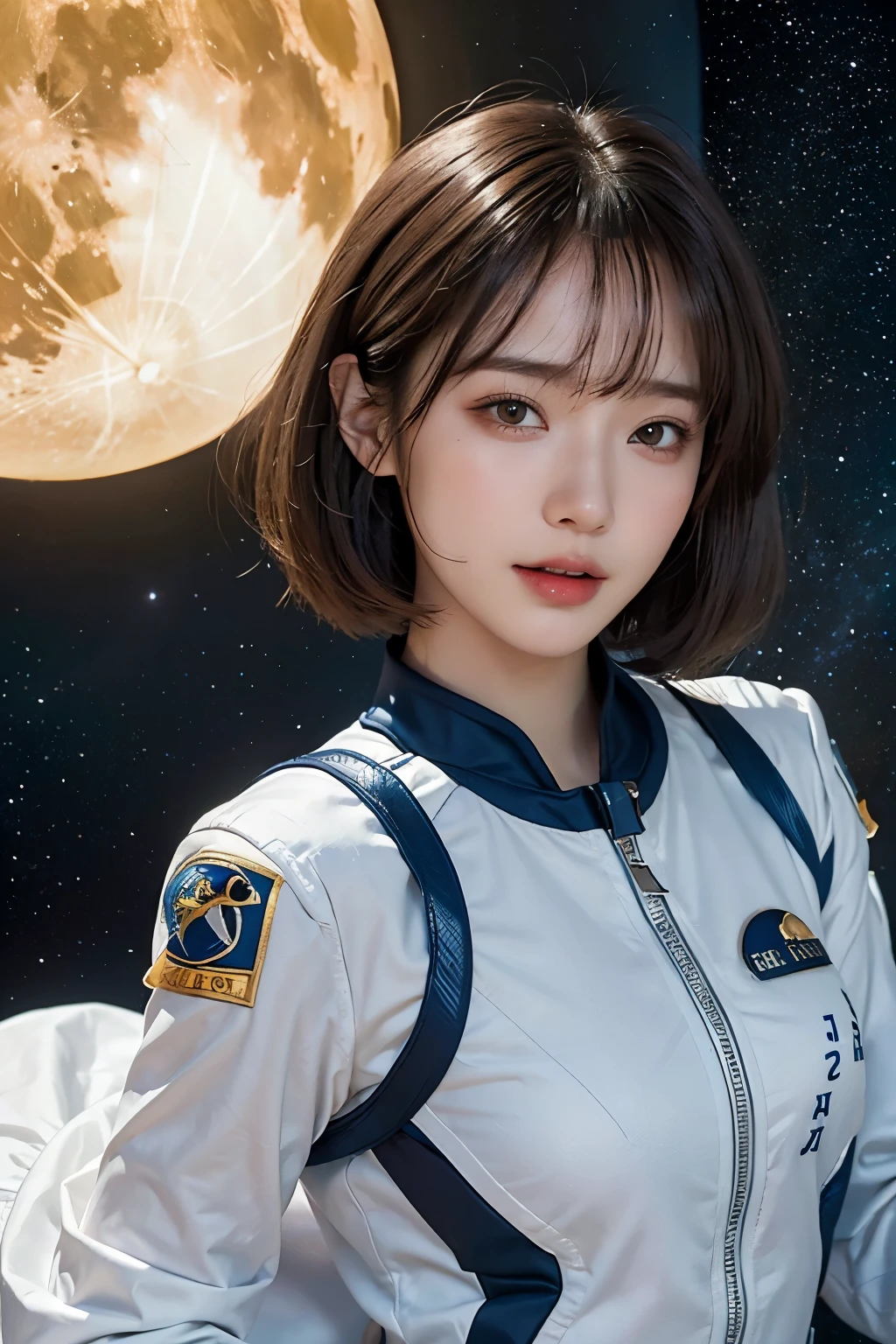 top-quality、​masterpiece、超A high resolution、(realisitic:1.4)、Beautuful Women１、Beautiful detail eyes and skin、ssmile、Light brown short-cut hair、The perfect spacesuit、cosmic space、fullmoon、