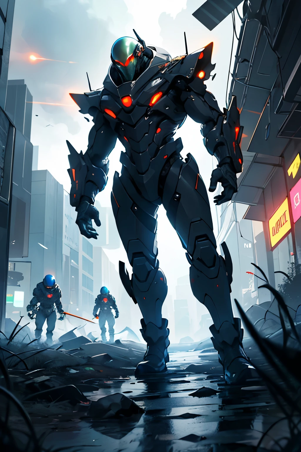 "spine-chilling、Intense alien invasion scene，The atmosphere is dark, dramatic lights, and drastic action. Demonstrate powerful alien creatures, advanced technique, Ruined cityscape, Panicked civilians, and a sense of imminent danger.. Generate disturbing and immersive images，Capture the chaos and horror of the otherworldly invasion. A group of humans in futuristic suits are fighting with laser guns, Bloody war, The scenario is extremely complex, Impressive intricate details, Textures displayed are extremely smooth. bright, sharp light"