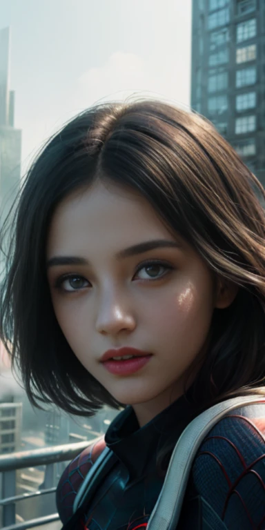 (1girl:1.3), Solo, (((Very detailed face)))), ((Very detailed eyes and face)))), Beautiful detail eyes, Body parts__, Official art, Unified 8k wallpaper, Super detailed, beautiful and beautiful, beautiful, masterpiece, best quality, original, masterpiece, super fine photo, best quality, super high resolution, realistic realism, sunlight, full body portrait, amazing beauty, dynamic pose, delicate face, vibrant eyerom the front), She wears Spider-Man suit, red and black color scheme, spider, very detailed city roof background, rooftop, overlooking the city, detailed face, detailed complex busy background, messy, gorgeous, milky white, highly detailed skin, realistic skin details, visible pores, clear focus, volumetric fog, 8k uhd, DSLR, high quality, film grain, fair skin, photo realism, lomography, futuristic dystopian megalopolis, translucent
