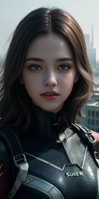 (1girl:1.3), Solo, (((Very detailed face)))), ((Very detailed eyes and face)))), Beautiful detail eyes, Body parts__, Official art, Unified 8k wallpaper, Super detailed, beautiful and beautiful, beautiful, masterpiece, best quality, original, masterpiece, super fine photo, best quality, super high resolution, realistic realism, sunlight, full body portrait, amazing beauty, dynamic pose, delicate face, vibrant eyerom the front), She wears Spider-Man suit, red and black color scheme, spider, very detailed city roof background, rooftop, overlooking the city, detailed face, detailed complex busy background, messy, gorgeous, milky white, highly detailed skin, realistic skin details, visible pores, clear focus, volumetric fog, 8k uhd, DSLR, high quality, film grain, fair skin, photo realism, lomography, futuristic dystopian megalopolis, translucent