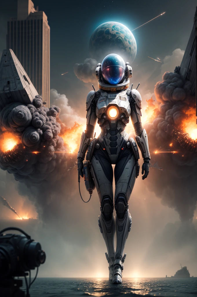 a combat spacecraft(closed up), fantasy scenery, There is a war in a futuristic city with an ocean, The city is being bombarded with shells and engulfed in flames, There is an alien planet in the sky and combat spacecrafts are flying around ,
32k UHD high resolution, highres, professional photography, intricate details, masterpiece, perfect anatomy, cinematic angle, Realistic photo, cinematic lighting, cinematic view, wide shot