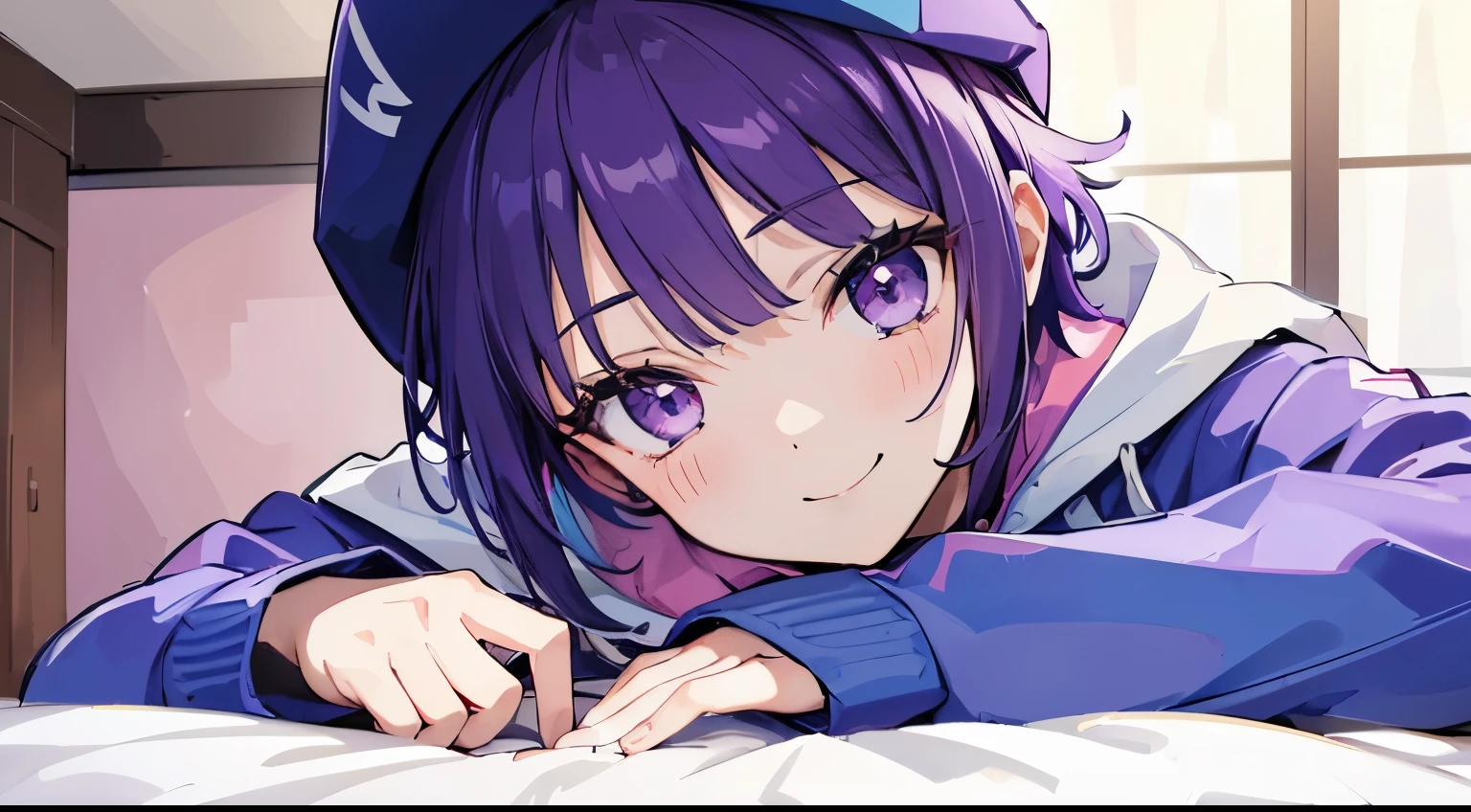 (tmasterpiece，4k wallpaper，best qualtiy))、((girl with１a person))、(独奏)、Brilliant，(Purple hair)、short-cut、a smile、close up of face、parka、（natta:1.3)、on the beds、murky、bedroom、absence