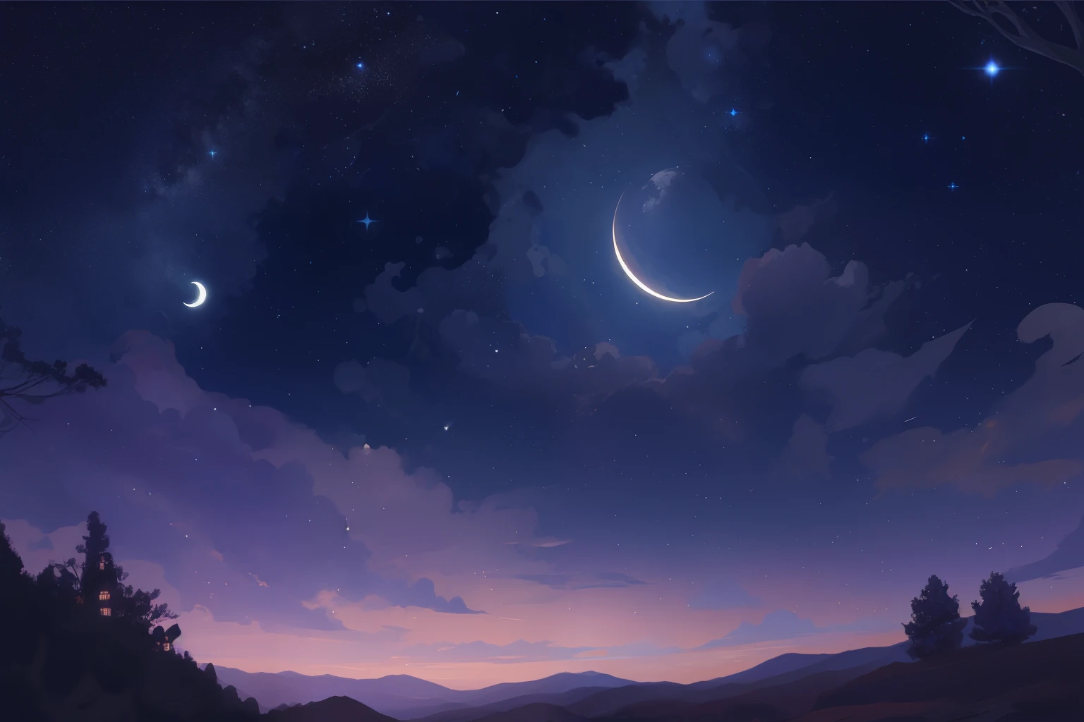 estrelary night heaven with a few estrelas and a crescent, moonlit estrelary heaven environment, noite calma. digital illustation, estrelary heaven, fundo noturno, estrelary heaven!!, on a clear night heaven, estrela(heaven) estrelary_heaven, Fundo do anime art, night under the estrelary heaven, Night scenery, on a clear magnificent night heaven, Fundo do anime, estrelary night heaven