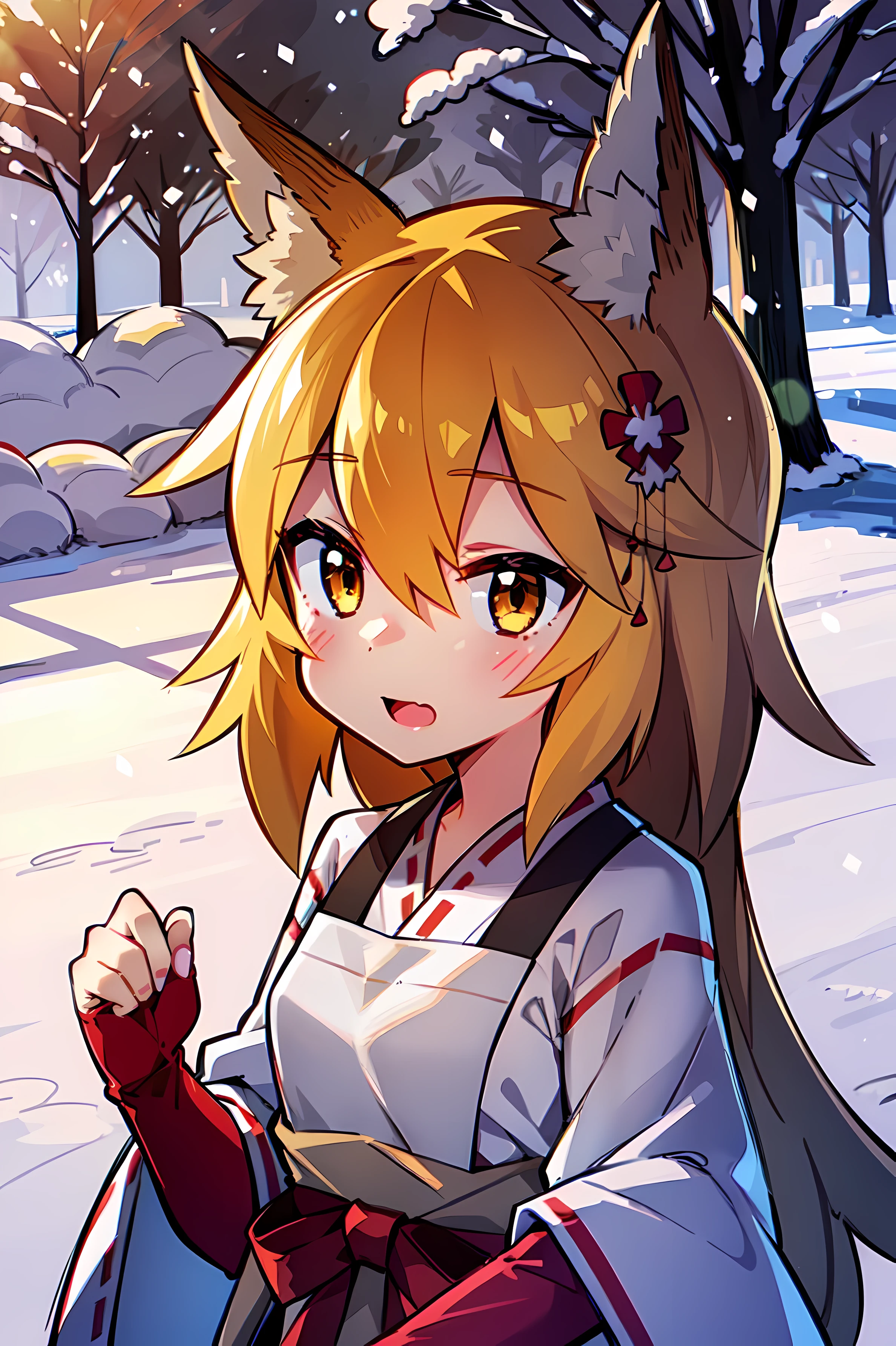 A girl, Fox ears, 4K Image, flowers of different colors, field, Beautiful trees, Maximum details, village, at home, Beautiful cloud, Very nice girl, fists, Preparing for battle, Aggressive face, Vampire's Tooth, White Trees, snowing, overcast weather, snowingурочка, Наряд snowingурочки