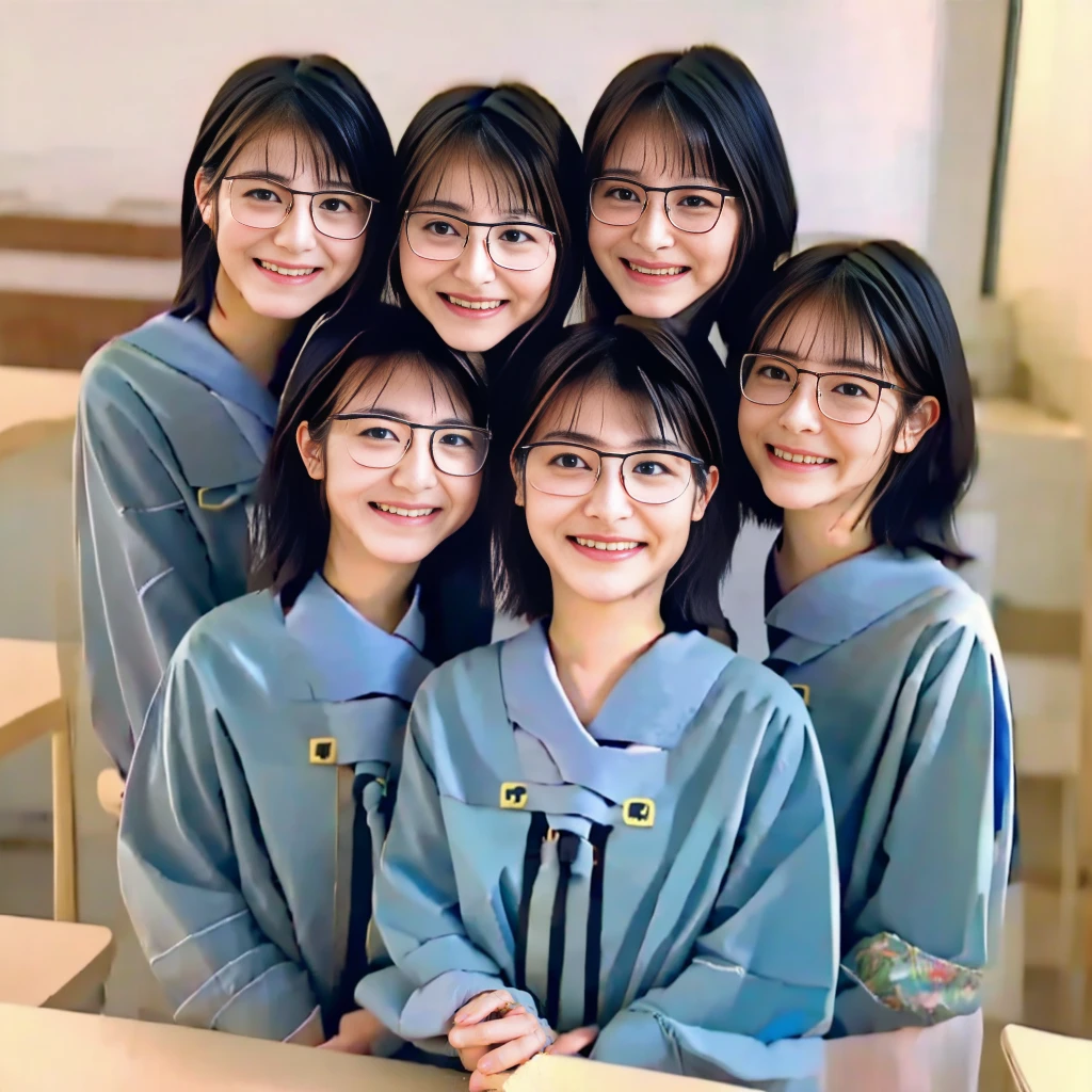 Raw photo、(((multiple girls))),((((6+girls)))),((((100 girls)))),((((1000 girls)))),(((crowd shot))),Women only、((Everyone has the same face))(((Black-rimmed glasses))),、((matching school uniform))、************、Long black hair、japanes、Black-rimmed glassesをかけたかわいい女子高生100人、a smile、‎Classroom、selfee、same person、High school students