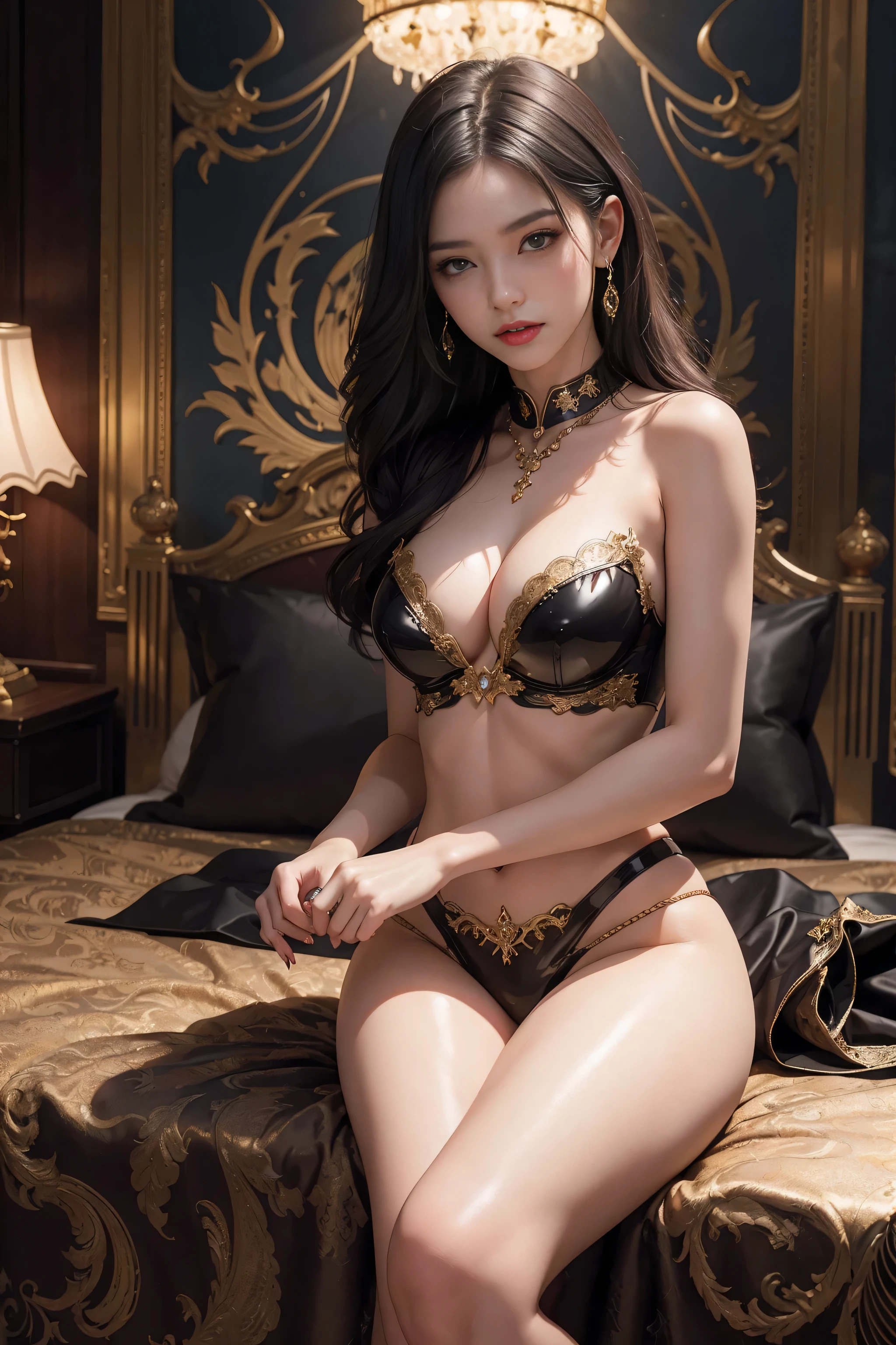 A very sexy and beautiful ancient Persian girl,A very mature and beautiful girl,Sexy mature royal sister,Royal sister temperament,Supermodel temperament,persian noble气质,Alone,in ancient palace,Bedroom ancient Persian style decoration,latex sexy lingerie set,Lace lingerie big breasts,Latex underwear,Gold leaf lace Latex underwear,corset vest style underwear,patent leather leggings,Succubus lustful pattern,persian noble女生,Strappy pointed toe high heels,jewely,ear nipple ring,choker necklace,bangle(An extremely delicate and beautiful work:1.1)a very sexy and beautiful woman,Have perfect body proportions,Tight body lines,Sexy and perfect body curves(plumw),moist skin feeling,clear skin texture(Advanced skin details:1.1)supermodel perfect face,Sexy red lips,Enchanted smile,The exquisite and beautiful facial features of ancient Persian girls,long light gold hair,Clear and fine hair texture(Quality hair details:1.1),Light blue pupils,Clear and refined eye details,Beautiful and sophisticated eye makeup,(Advanced eye detail:1.1)The optimal ratio of four fingers to one thumb.Beautiful and exquisite manicure,Feet with perfectly proportioned thighs and calves,persian noble女性气质,Royal sister demeanor,Royal Sister Series,persian noble,Gold foil color series,Latex suit series,性感Latex underwear,金箔色Lace lingerie big breasts系列,corset vest style underwear系列,Patent leather pants series,Succubus lustful pattern系列,情趣Photographic works,Gold chain series,Photographic works,Perfect artwork,Hyper Real的复杂细节,BestWorks,Best Picture Quality,clear picture quality,ultra - detailed,Very high resolution,Full body photography of one person,Hyper Real,Cover photo,profesional lighting ,Professional dimming,Perfect Goddess,Exquisite details、Complex works,Best masterpiece