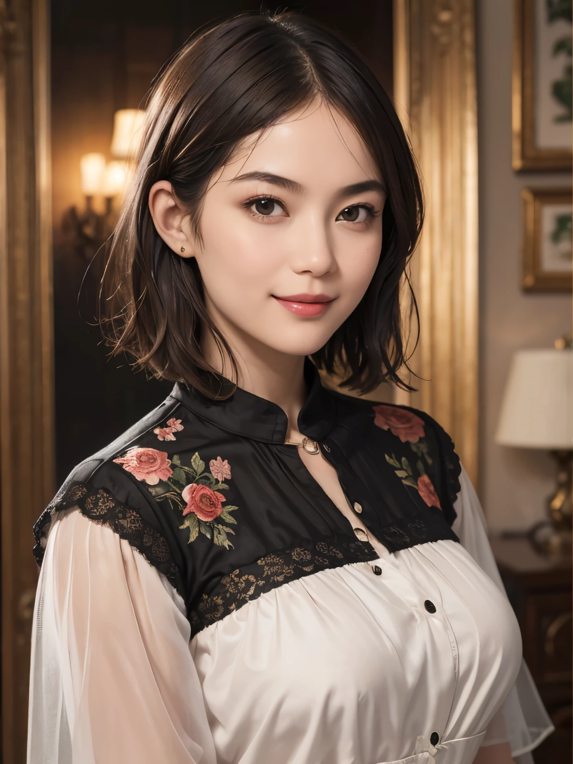 141
(a 20 yo woman,in the palace), (A hyper-realistic), (high-level image quality), ((beautiful hairstyle 46)), ((short-hair:1.46)), (kindly smile), (breasted:1.1), (lipsticks), (is wearing dress), (murky,wide,Luxurious room), (florals), (an oil painting、Rembrandt)