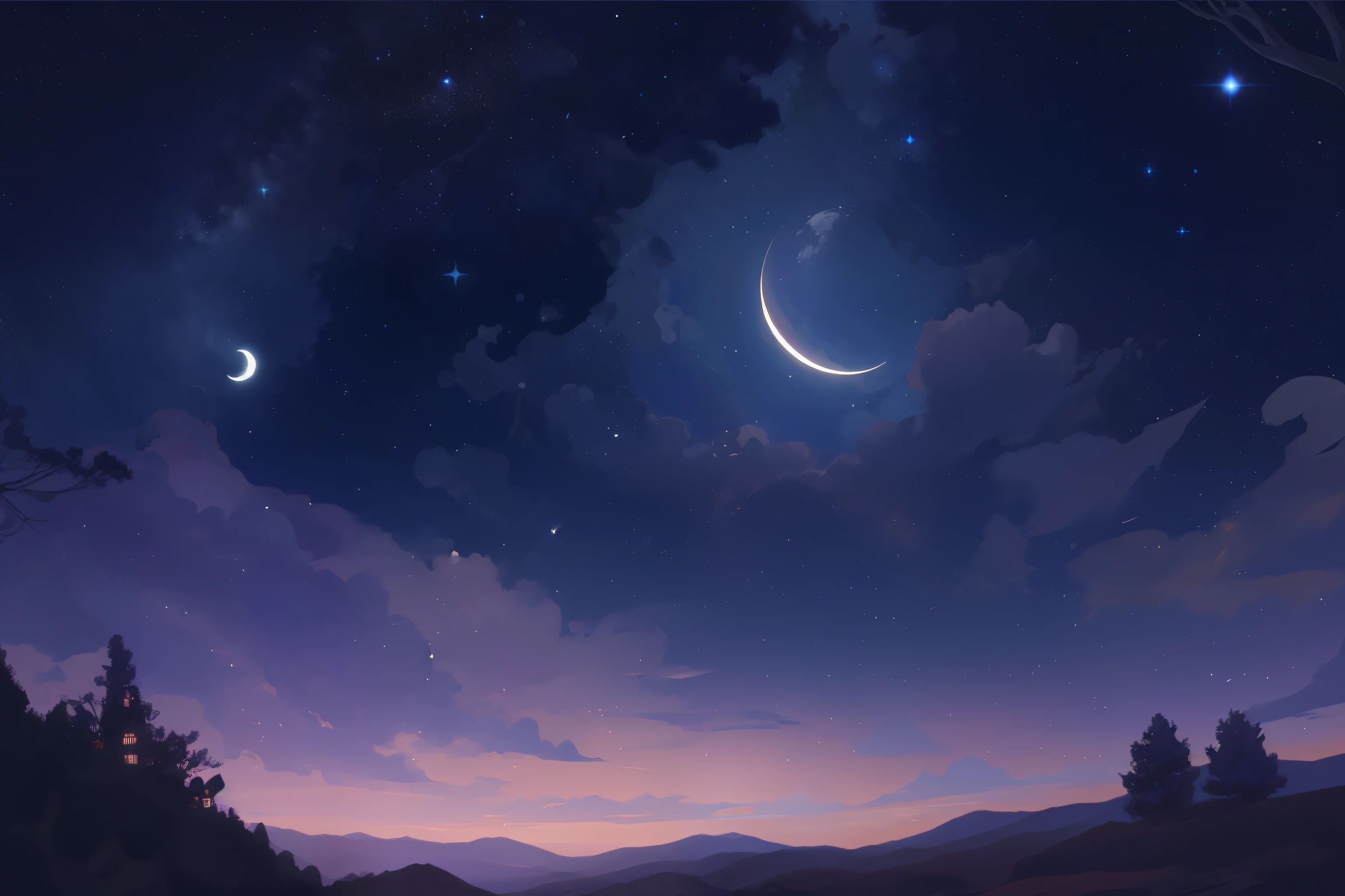 estrelado night heaven with a few estrelas and a crescent, moonlit estrelado heaven environment, noite calma. digital illustation, estrelado heaven, fundo noturno, estrelado heaven!!, on a clear night heaven, estrela(heaven) estrelado_heaven, Fundo do anime art, night under the estrelado heaven, Night scenery, on a clear magnificent night heaven, Fundo do anime, estrelado night heaven