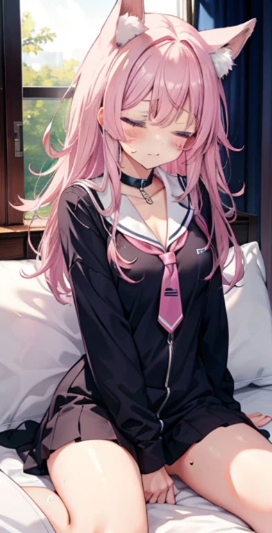 high quality, master piece, ultra-detailed, wet School uniform, wet unbuttoned shirt, Black stockings, pink, Choker, headboard, 1 girl, peaceful expression, long pink hair, Charming blue eyes, fox ears, , wet big breasts, school, , (naked, ogasmic face, eyes half-closed, having sex with multiple men:1.5)