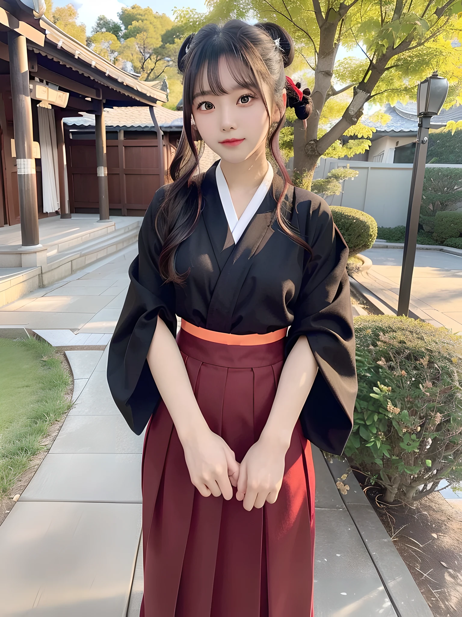 ulzzang -6500-v1.1,(masutepiece, top-quality:1.3),(Top image quality,8K:1.3),Realistic high-quality photos,top-quality,Real, Photorealistic, 8K, High resolution, BREAK, 1 japanese girl, 18 years old,Beautiful Girl, extra details black eyes, Very detailed face, Floating hair, Solo Standing, /(Priestess Uniform Long Sleeve Hakama Long Hakama Hakama Skirt/), Miko costume,Red skirt, /(Black hair/) Bangs, blush gentle smile, Large breasts,
