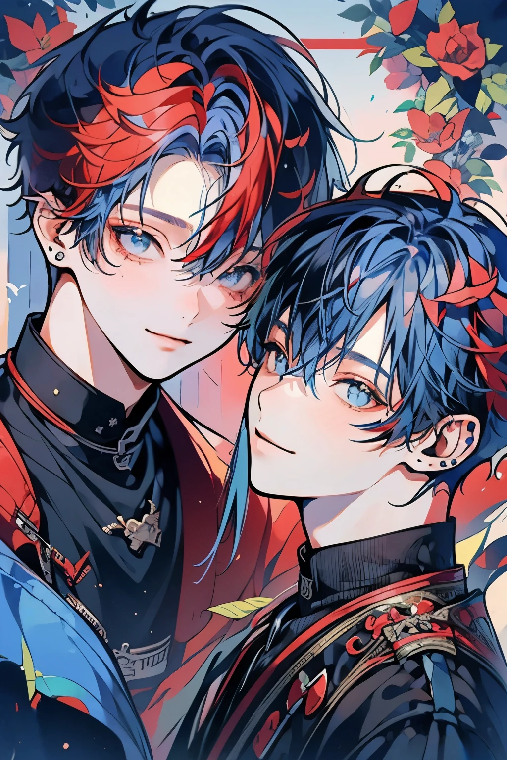 (masutepiece), (Best Quality), Highly detailed, (Two Boys:1.4), focus,Perfect face, Beautiful face, extra detailed face,florals,butterflys々,floralsびら,optic,(a smile:1.3),(Blue-haired boy:1.4),(Red-haired boy:1.4)