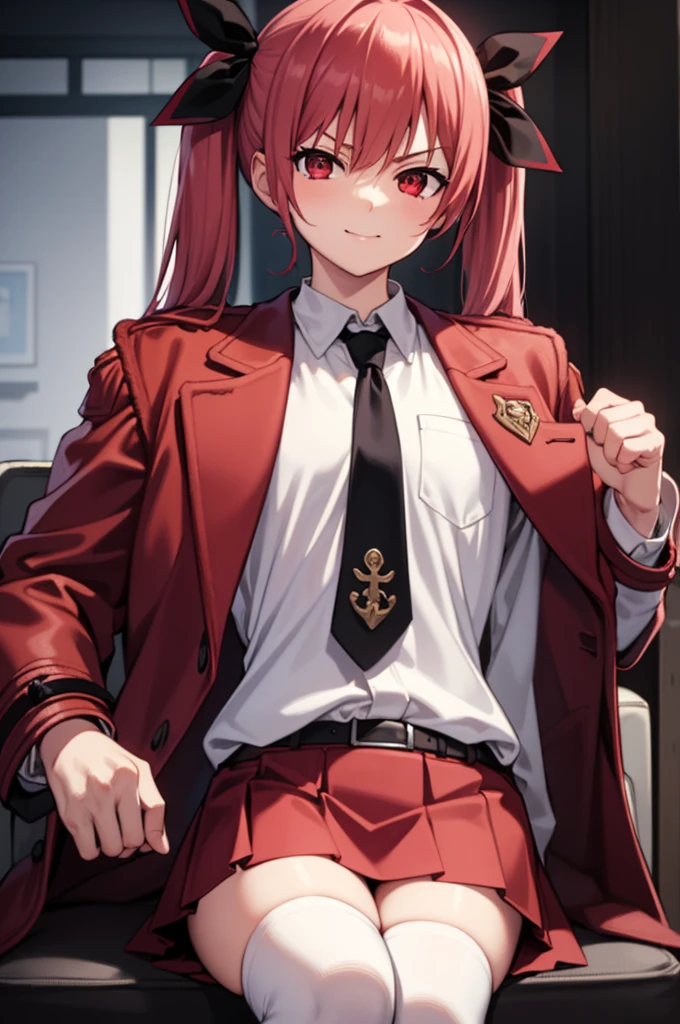 kotoriitsuka, kotori itsuka, long hair, (red eyes:1.5), red hair, ahoge, (flat chest:1.2),
BREAK (coat on shoulders:1.7), (white shirt:1.5), coat, (red coat:1.5), collared shirt, long sleeves, twintails, hair ribbon, black ribbon, necktie, school uniform, skirt, red skirt, pleated skirt, thighhighs, black necktie,
BREAK looking at viewer, (sitting:1.5), throne, from below, smile, angry, chair, crossed arms,
BREAK indoors,
BREAK (masterpiece:1.2), best quality, high resolution, unity 8k wallpaper, (illustration:0.8), (beautiful detailed eyes:1.6), extremely detailed face, perfect lighting, extremely detailed CG, (perfect hands, perfect anatomy),