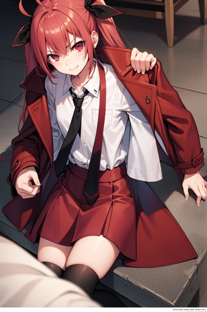 kotoriitsuka, kotori itsuka, long hair, (red eyes:1.5), red hair, ahoge, (flat chest:1.2),
BREAK (coat on shoulders:1.7), (white shirt:1.5), coat, (red coat:1.5), collared shirt, long sleeves, twintails, hair ribbon, black ribbon, necktie, school uniform, skirt, red skirt, pleated skirt, thighhighs, black necktie,
BREAK looking at viewer, (sitting:1.5), throne, from below, smile, angry, chair, crossed arms,
BREAK indoors,
BREAK (masterpiece:1.2), best quality, high resolution, unity 8k wallpaper, (illustration:0.8), (beautiful detailed eyes:1.6), extremely detailed face, perfect lighting, extremely detailed CG, (perfect hands, perfect anatomy),