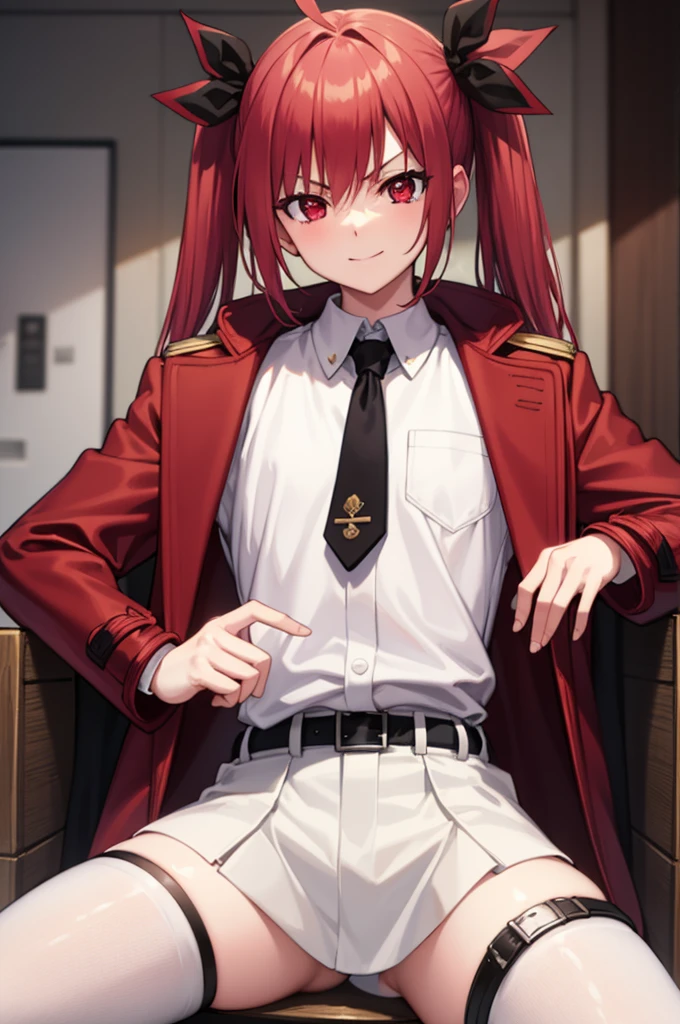 kotoriitsuka, kotori itsuka, long hair, (red eyes:1.5), red hair, ahoge, (flat chest:1.2),
BREAK (coat on shoulders:1.7), (white shirt:1.5), coat, (red coat:1.5), collared shirt, long sleeves, twintails, hair ribbon, black ribbon, necktie, school uniform, skirt, red skirt, pleated skirt, thighhighs, black necktie,
BREAK looking at viewer, (sitting:1.5), throne, from below, smile, angry, chair, crossed arms,
BREAK indoors,
BREAK (masterpiece:1.2), best quality, high resolution, unity 8k wallpaper, (illustration:0.8), (beautiful detailed eyes:1.6), extremely detailed face, perfect lighting, extremely detailed CG, (perfect hands, perfect anatomy),