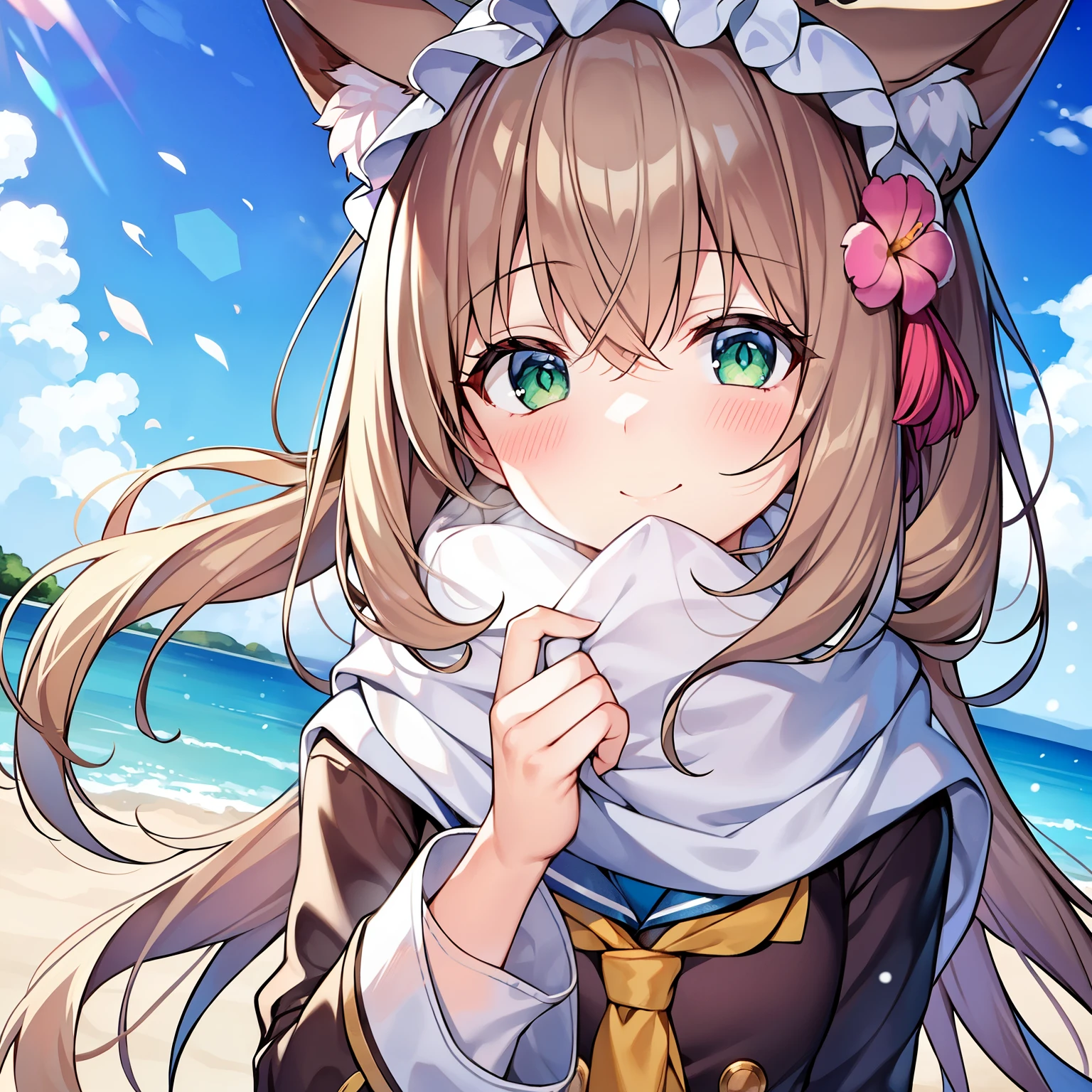 (tmasterpiece, Best quality at best, A high resolution), 1 girl, Alone, immensity, Soft fox tail，A pair of fox ears，Green-eyed，(Long brown hair)，Small flower headdress, (9 _Cute loli)，摩洛解放阵线，Winters，After school，Walking on the way home，in school uniform，fluffy scarf，because the weather is cold, I breathe into my hands through my mouth to keep them warm，upperbody closeup，The light is weak in the afternoon，Blush slightly，ssmile，