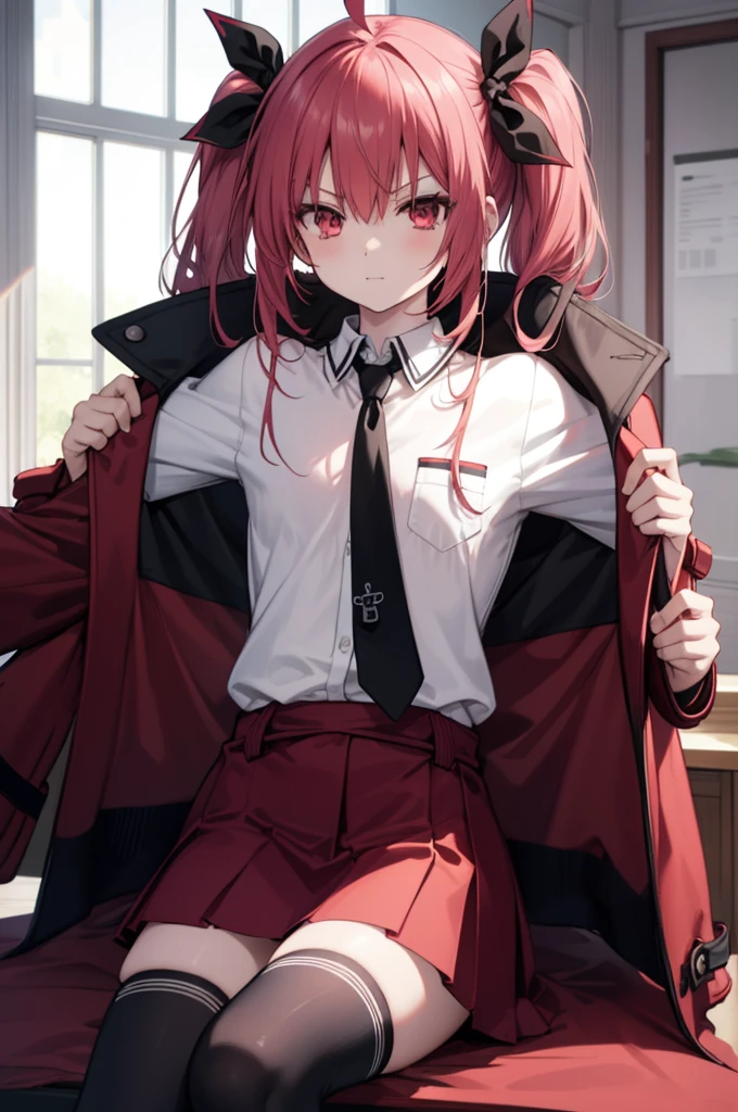 kotoriitsuka, kotori itsuka, long hair, (red eyes:1.5), red hair, ahoge, (flat chest:1.2),
BREAK (coat on shoulders:1.7), (white shirt:1.5), coat, (red coat:1.5), collared shirt, long sleeves, twintails, hair ribbon, black ribbon, necktie, school uniform, skirt, red skirt, pleated skirt, thighhighs, black necktie,
BREAK looking at viewer, (sitting:1.5), throne, from below, smile, angry, chair, crossed arms,
BREAK indoors,
BREAK (masterpiece:1.2), best quality, high resolution, unity 8k wallpaper, (illustration:0.8), (beautiful detailed eyes:1.6), extremely detailed face, perfect lighting, extremely detailed CG, (perfect hands, perfect anatomy),