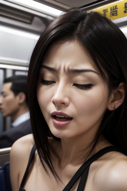 masutepiece,,award - winning photo, Extremely detailed, edgOrgasm,Face Focus, Woman with mouth open and eyes closed , Woman with Edge _Face、26 year old、A dark-haired、subway、On the train、Holding on to the straps