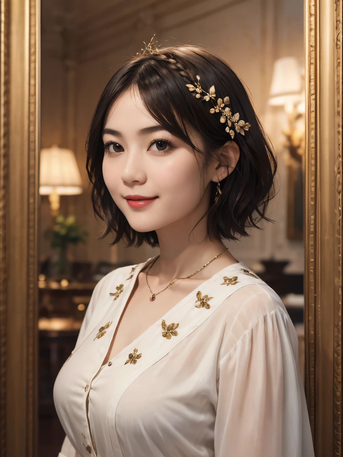 141
(a 20 yo woman,in the palace), (A hyper-realistic), (high-level image quality), ((beautiful hairstyle 46)), ((short-hair:1.46)), (kindly smile), (breasted:1.1), (lipsticks), (is wearing dress), (murky,wide,Luxurious room), (florals), (an oil painting、Rembrandt)