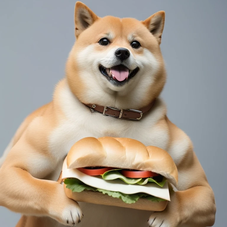 Solo,a professional photo of [(((buff Swoledoge))):buff Swoledoge:8], grinning, dog body, eating a large Sandwich  ,cinematic dramatic light, smooth transition, bokeh,simple background,looking at viewer,