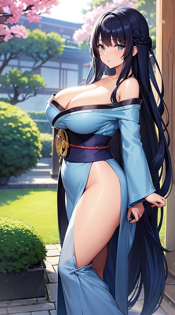 A dark-haired、Long hair that goes down to the waist、Blue eyes、Blue kimono、Beautiful woman with big breasts、Japan garden in the background、The kimono is a little transparent、A slightly shy face、